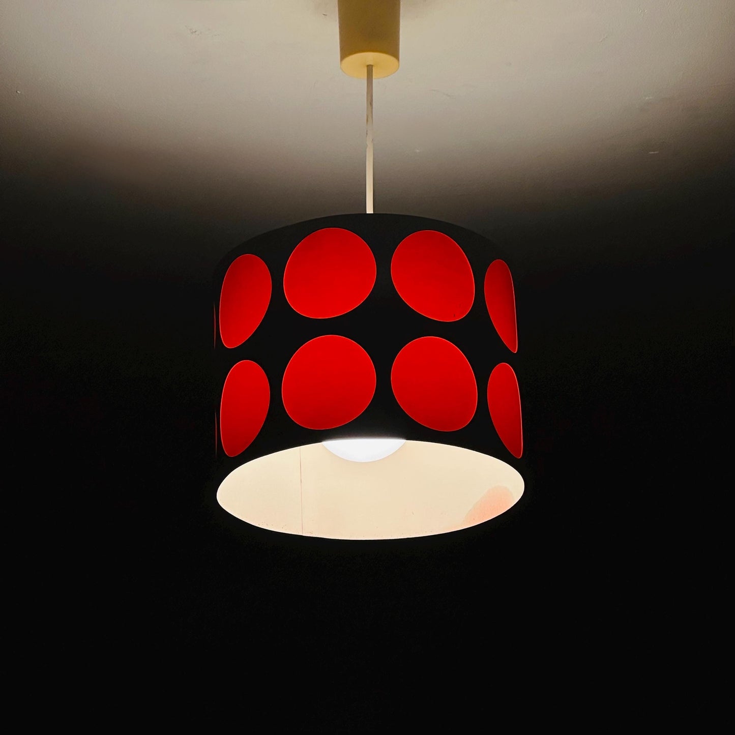 Mid-Century Pop Art Pendant Lamp – White Perforated Metal with Orange Circles, 1970s Germany
