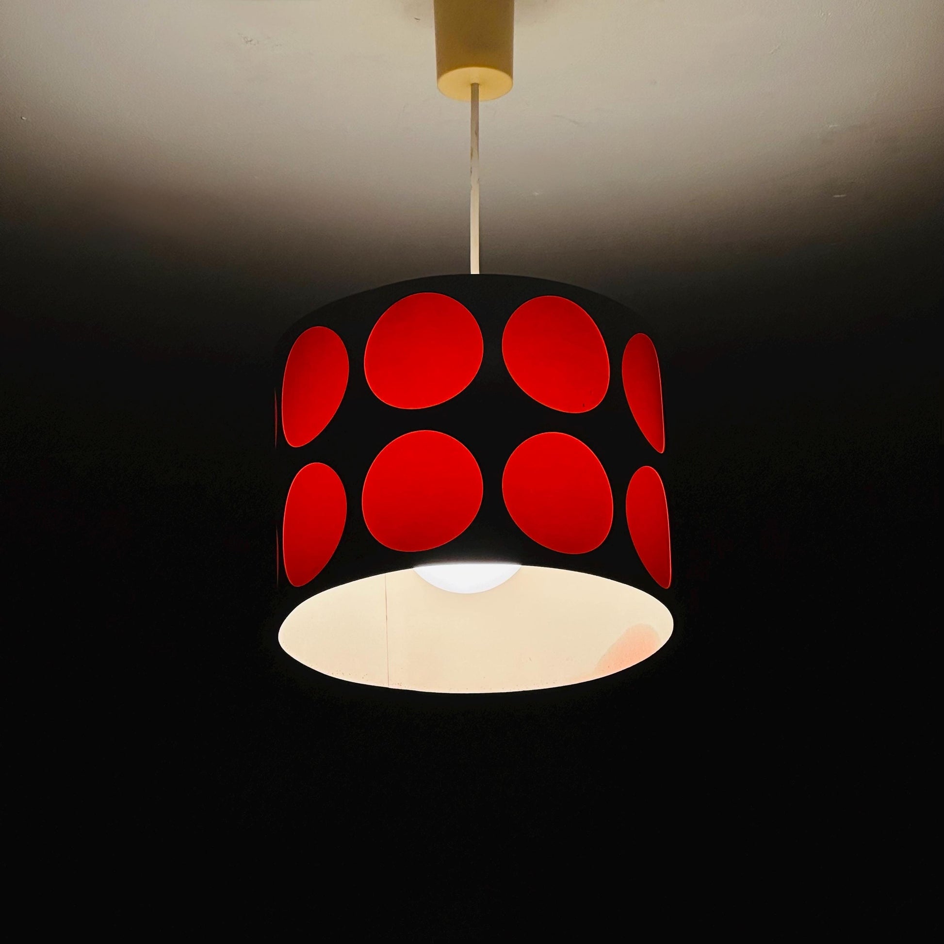 Mid-Century Pop Art Pendant Lamp – White Perforated Metal with Orange Circles, 1970s Germany