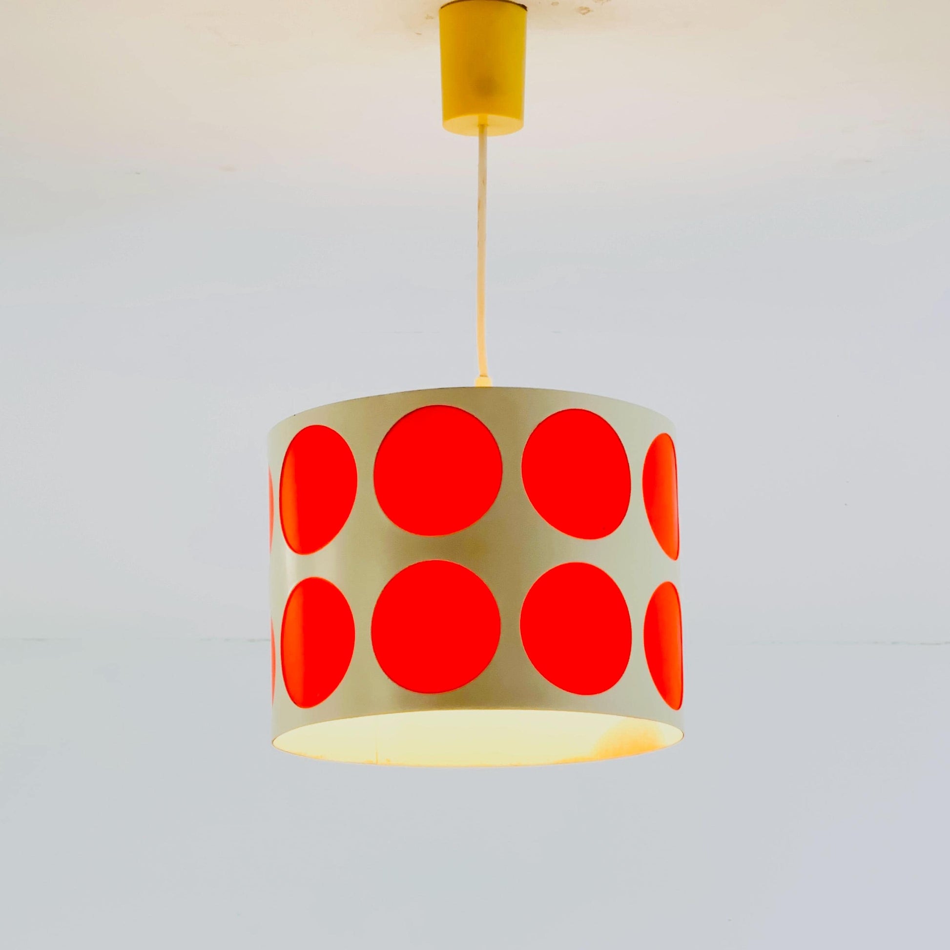 Mid-Century Pop Art Pendant Lamp – White Perforated Metal with Orange Circles, 1970s Germany
