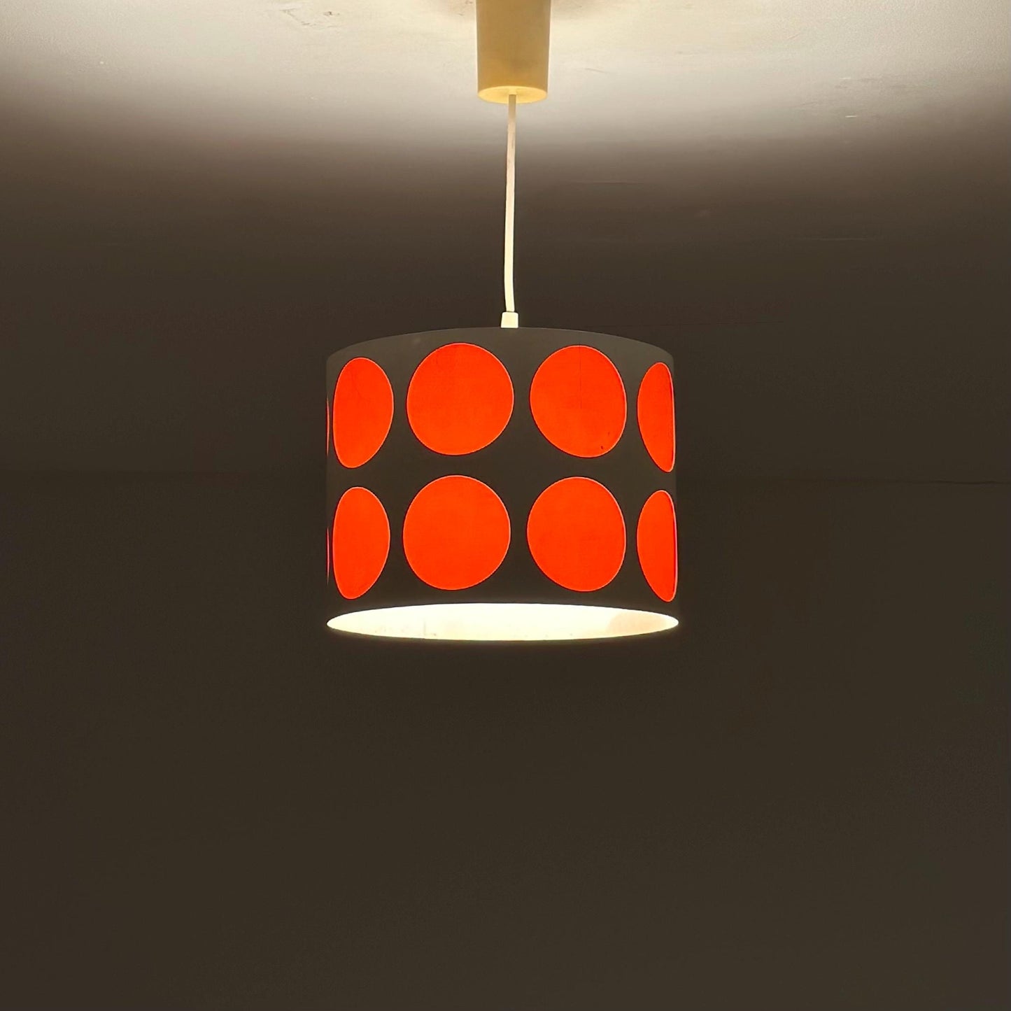 Mid-Century Pop Art Pendant Lamp – White Perforated Metal with Orange Circles, 1970s Germany