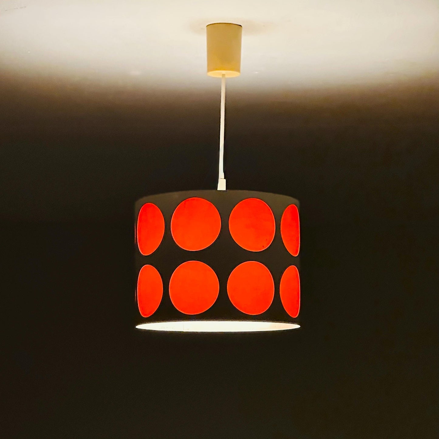 Mid-Century Pop Art Pendant Lamp – White Perforated Metal with Orange Circles, 1970s Germany