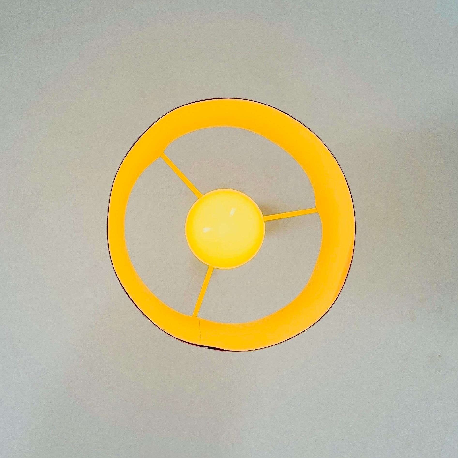 Mid-Century Pop Art Pendant Lamp – White Perforated Metal with Orange Circles, 1970s Germany
