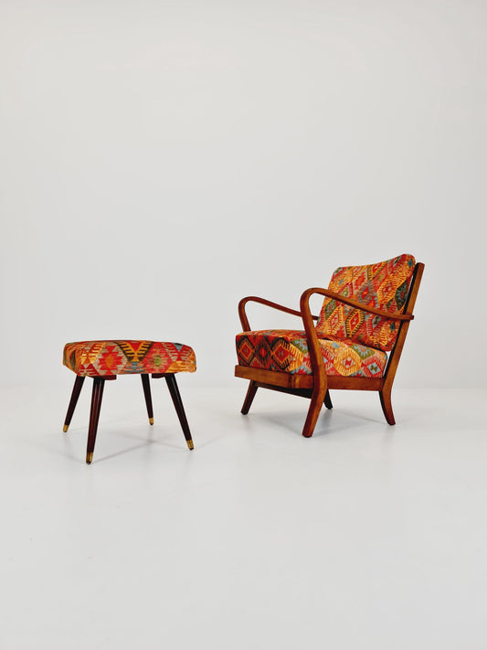 Rare Midcentury German club lounge chair, with ottoman 1940s