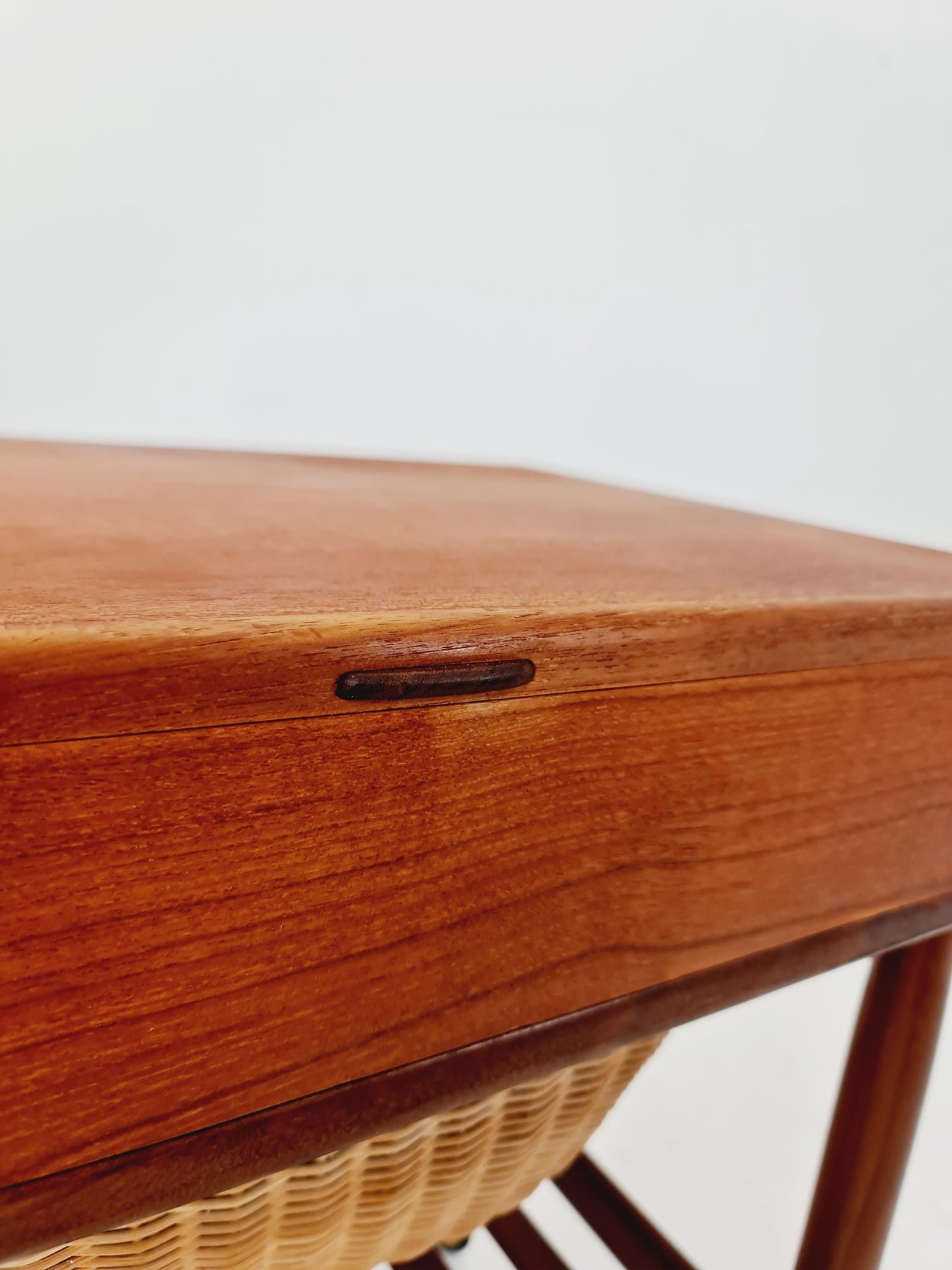 Vintage Danish teak and rattan sewing table/ side table cabinet By Ejvid A.johansson for Uitze , 1960s