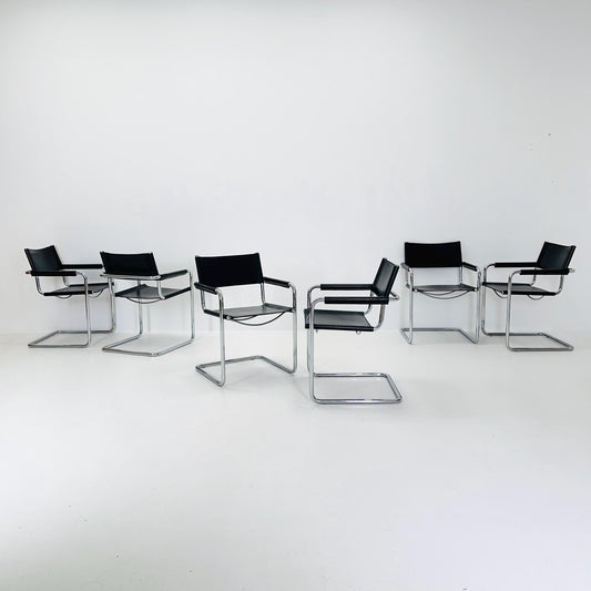 Set of 6 Mid century B34 Matteo Grassi Mg5 black leather cantilever chairs by Mart Stam italy 1980s