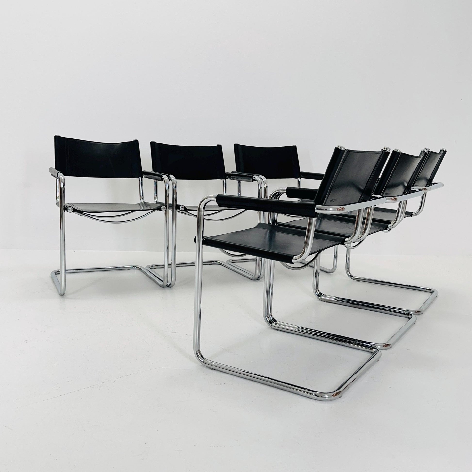 Set of 6 Mid century B34 Matteo Grassi Mg5 black leather cantilever chairs by Mart Stam italy 1980s