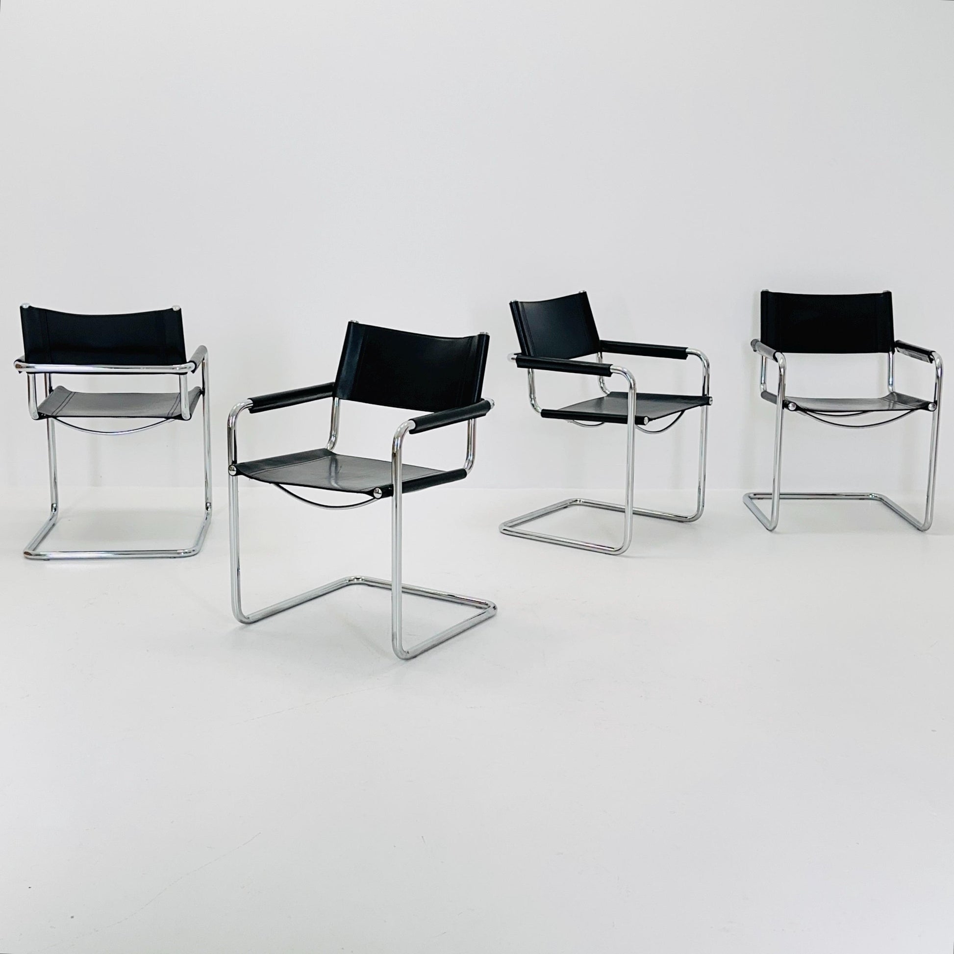 Set of 4 Mid century B34 Matteo Grassi Mg5 black leather cantilever chairs by Mart Stam italy 1980s