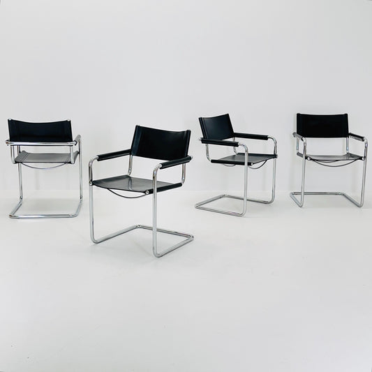 Set of 4 Mid century B34 Matteo Grassi Mg5 black leather cantilever chairs by Mart Stam italy 1980s