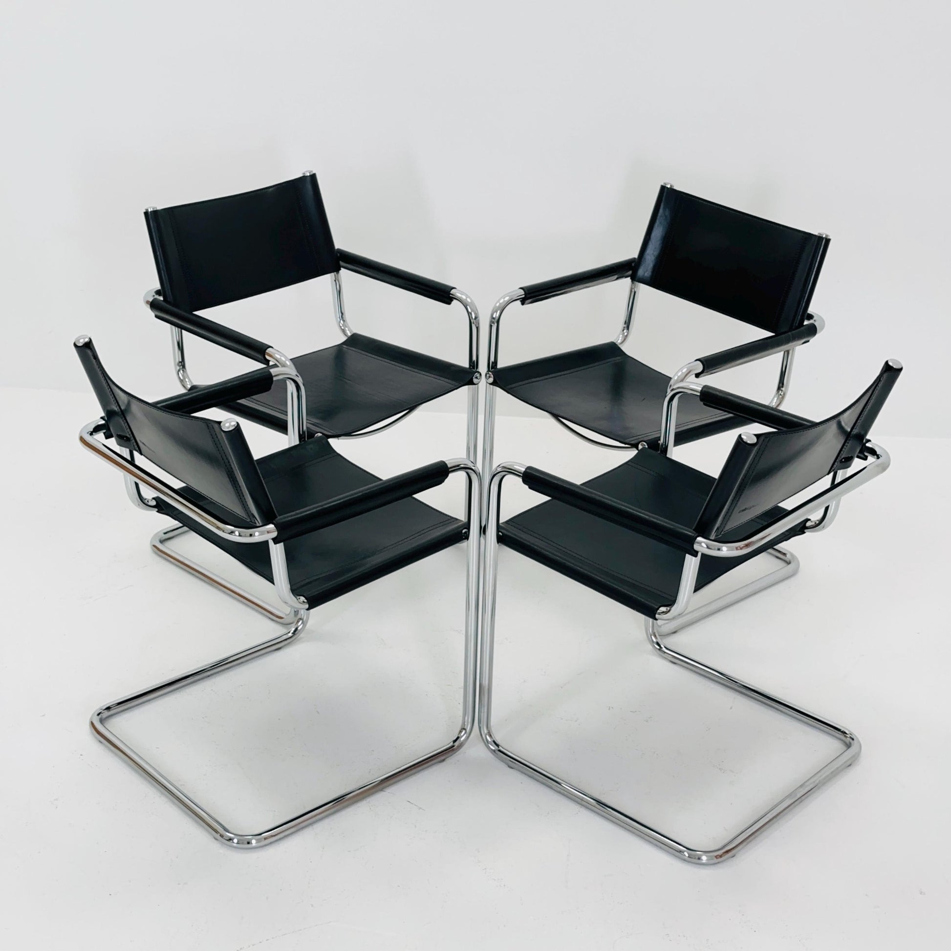 Set of 4 Mid century B34 Matteo Grassi Mg5 black leather cantilever chairs by Mart Stam italy 1980s