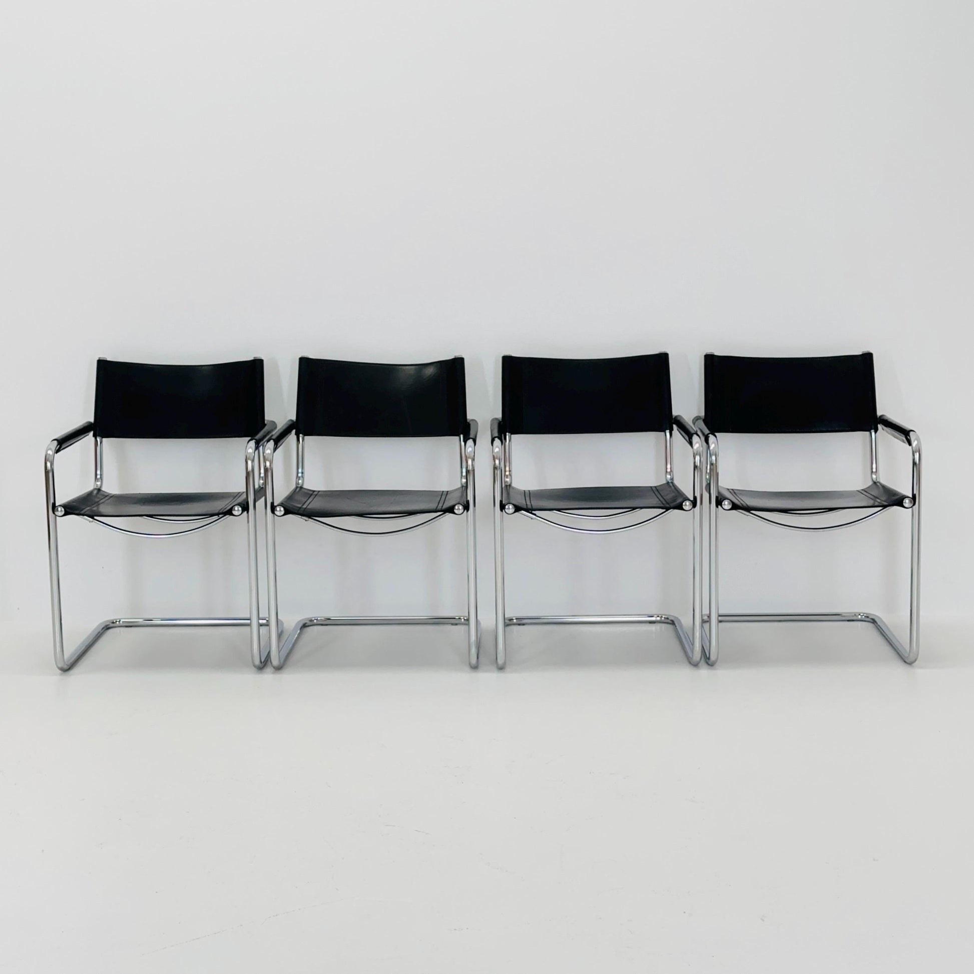 Set of 4 Mid century B34 Matteo Grassi Mg5 black leather cantilever chairs by Mart Stam italy 1980s