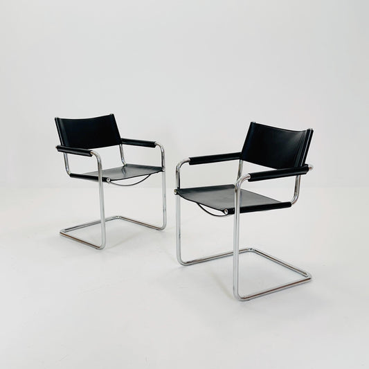 Set of 2 Mid century B34 Matteo Grassi Mg5 black leather cantilever chairs by Mart Stam italy 1980s
