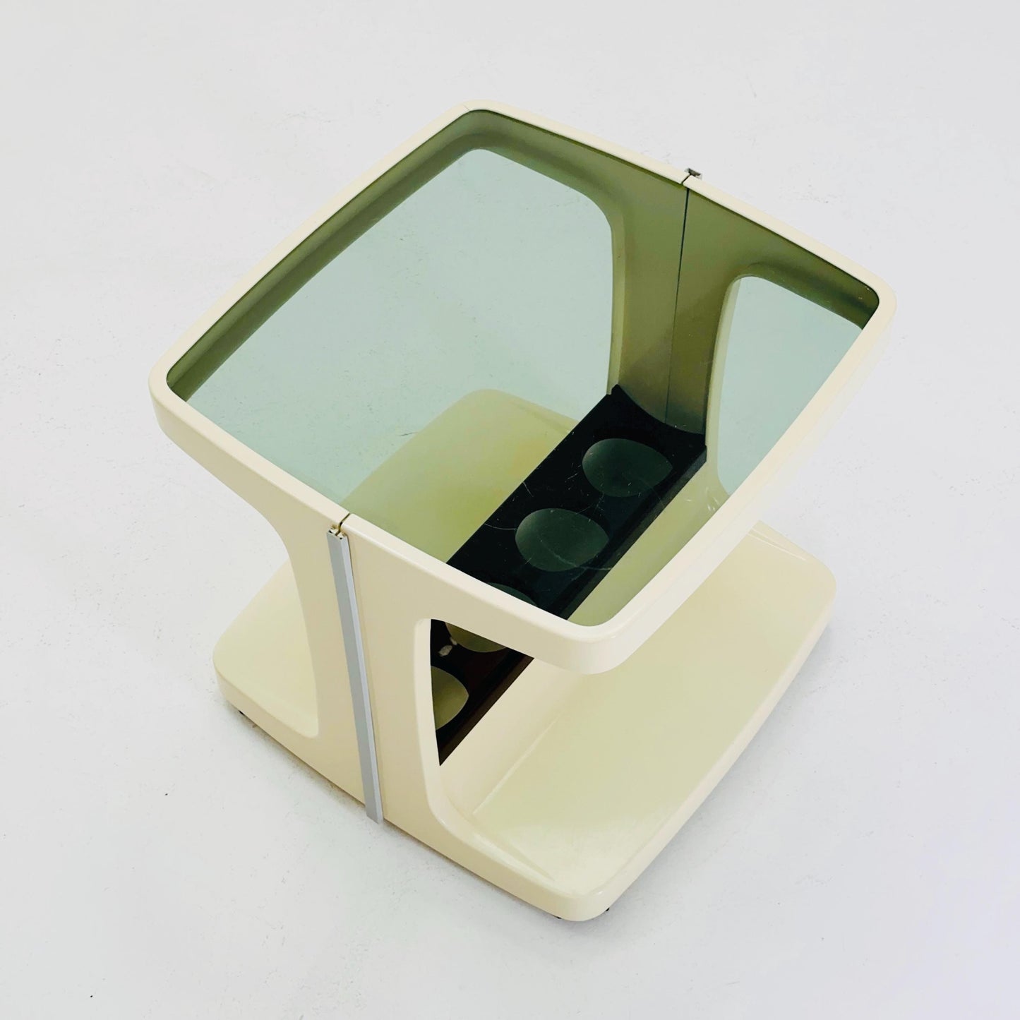 Space age mid century White & Brown Plastic Bar -Side Table by Marc Held, with Smoked Glass Top 1970s
