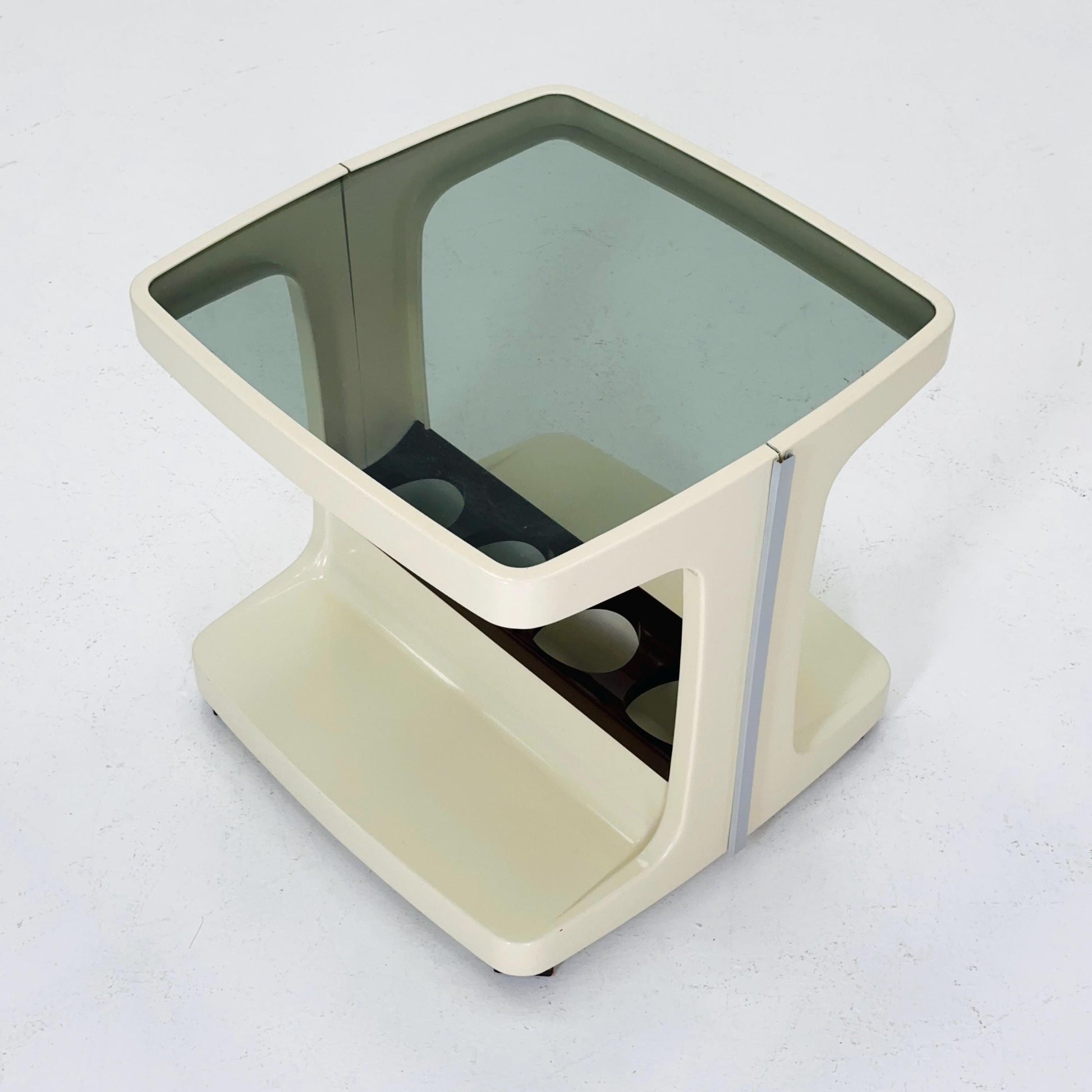 Space age mid century White & Brown Plastic Bar -Side Table by Marc Held, with Smoked Glass Top 1970s