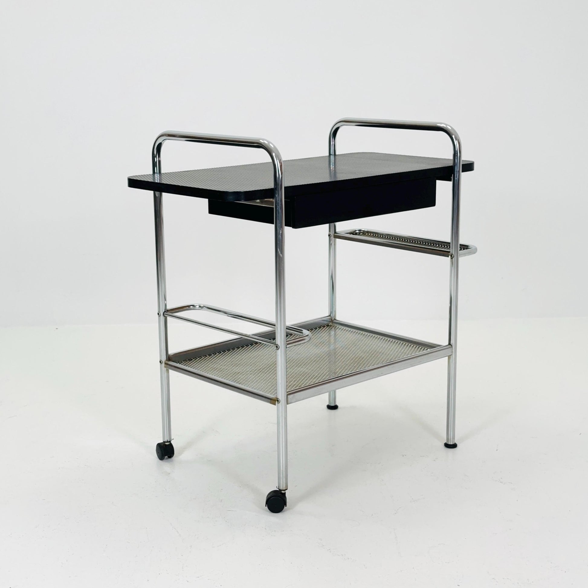 Mid Century Bauhaus Bar Cart, Tubular Chrome & Black Serving Trolley 1980s Germany