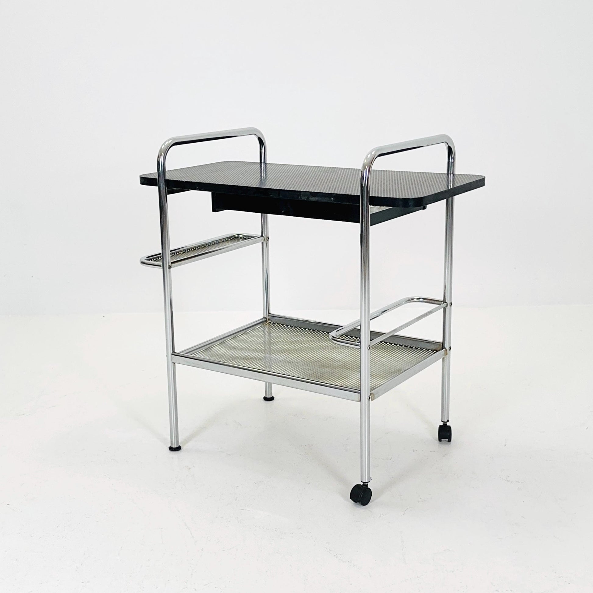 Mid Century Bauhaus Bar Cart, Tubular Chrome & Black Serving Trolley 1980s Germany