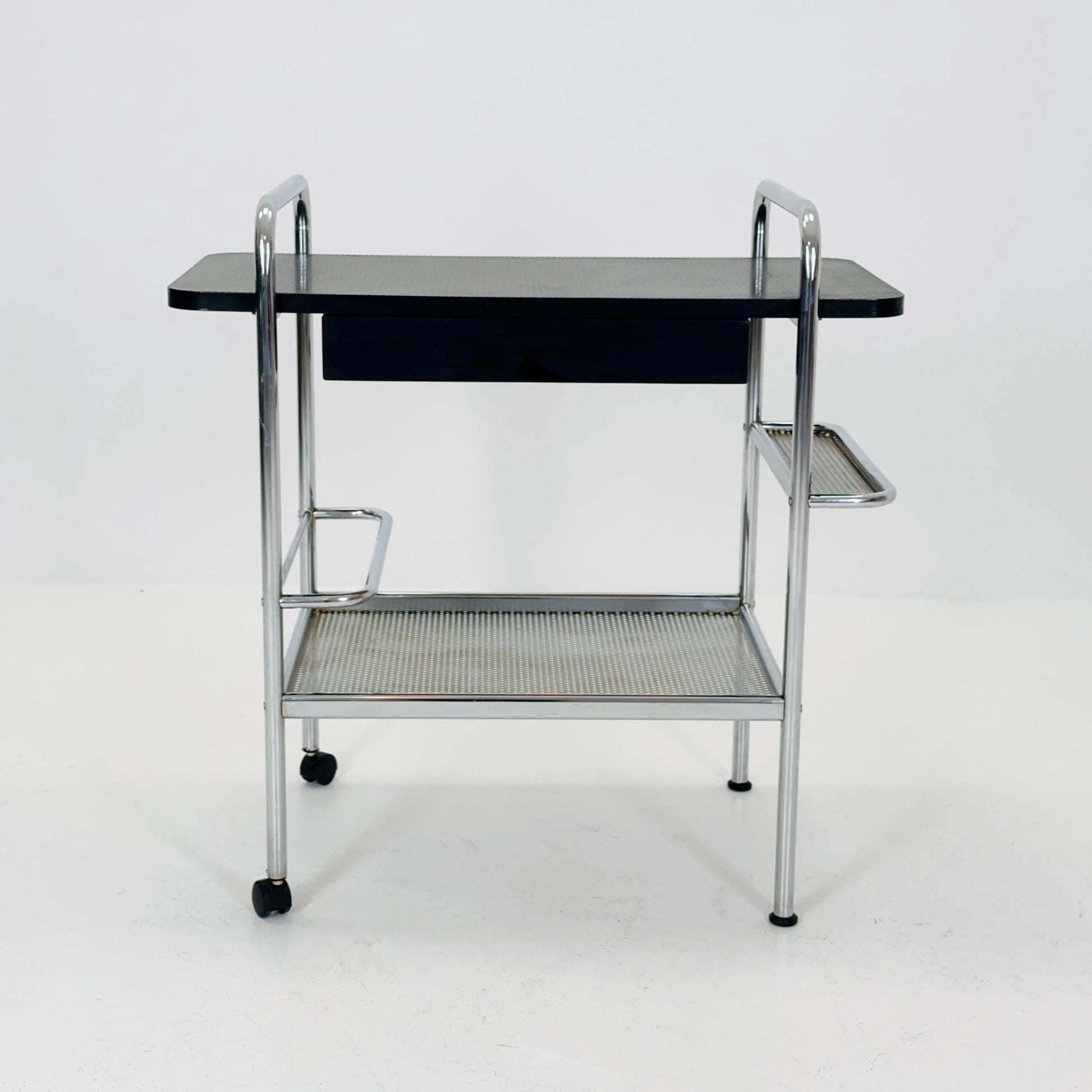 Mid Century Bauhaus Bar Cart, Tubular Chrome & Black Serving Trolley 1980s Germany