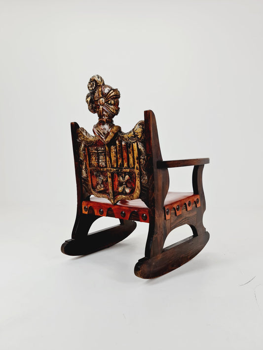 Antique Spanish solid Wood Rocking armchair hand -Carved , 1900s