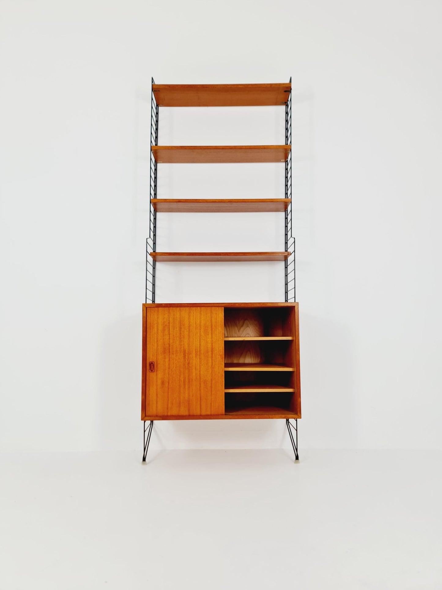 Wall-mounted original Swedish string shelf-system, drawers, bookcase teak wood by Nils & Kajsa Strinning, 1960s