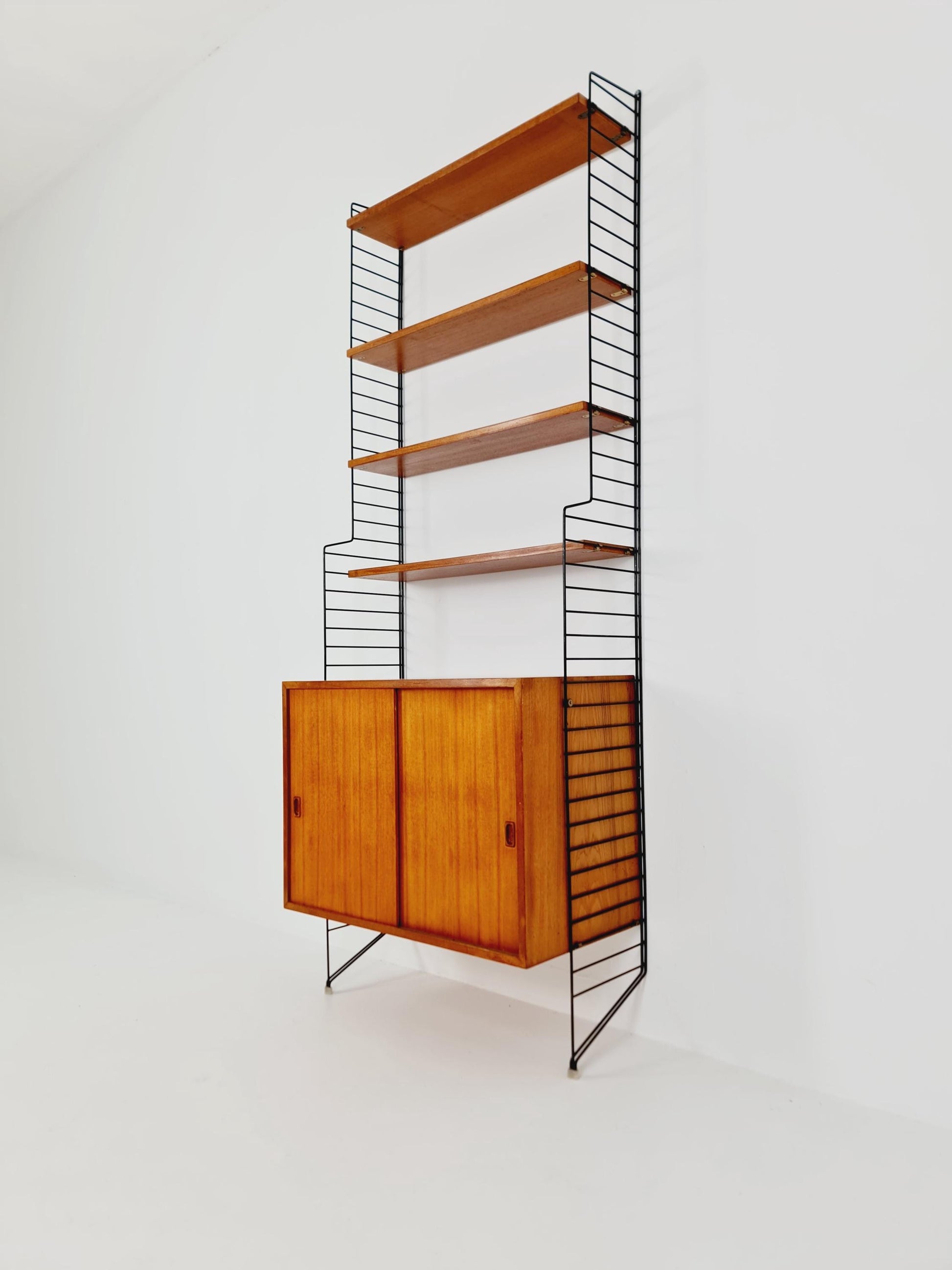 Wall-mounted original Swedish string shelf-system, drawers, bookcase teak wood by Nils & Kajsa Strinning, 1960s