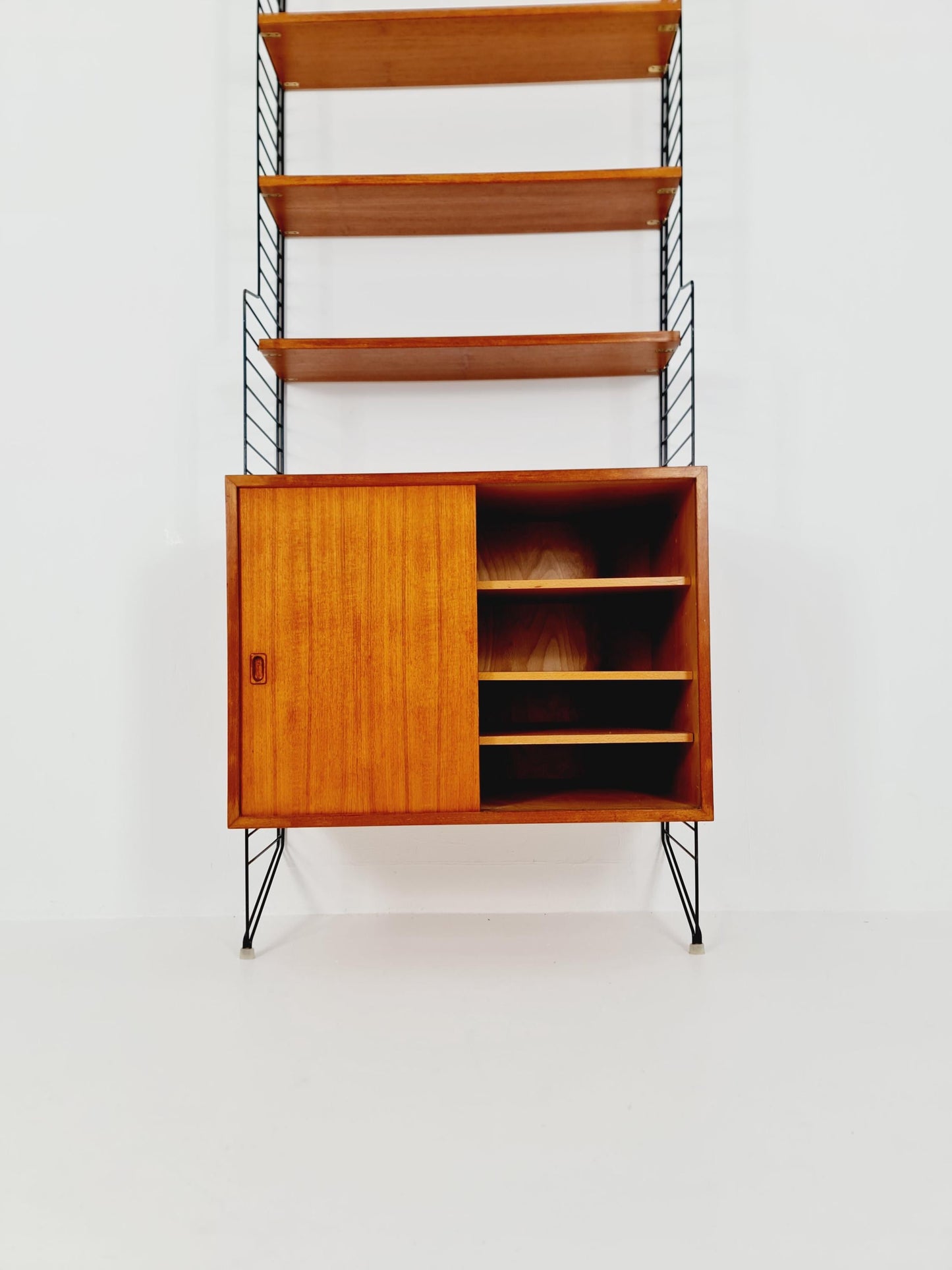 Wall-mounted original Swedish string shelf-system, drawers, bookcase teak wood by Nils & Kajsa Strinning, 1960s