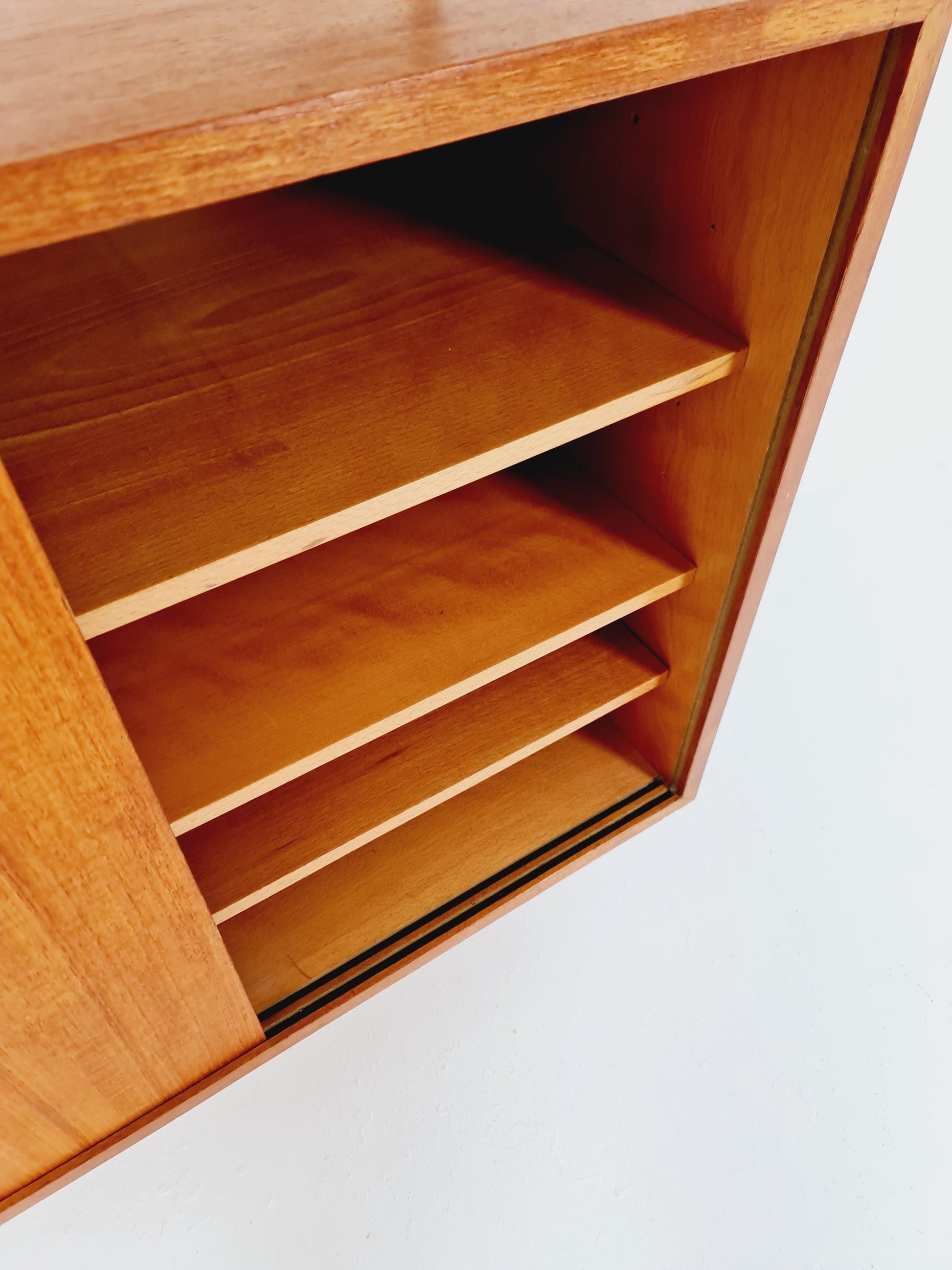 Wall-mounted original Swedish string shelf-system, drawers, bookcase teak wood by Nils & Kajsa Strinning, 1960s