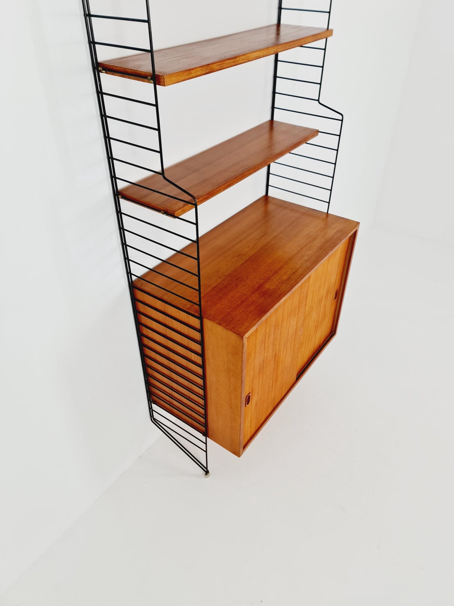 Wall-mounted original Swedish string shelf-system, drawers, bookcase teak wood by Nils & Kajsa Strinning, 1960s