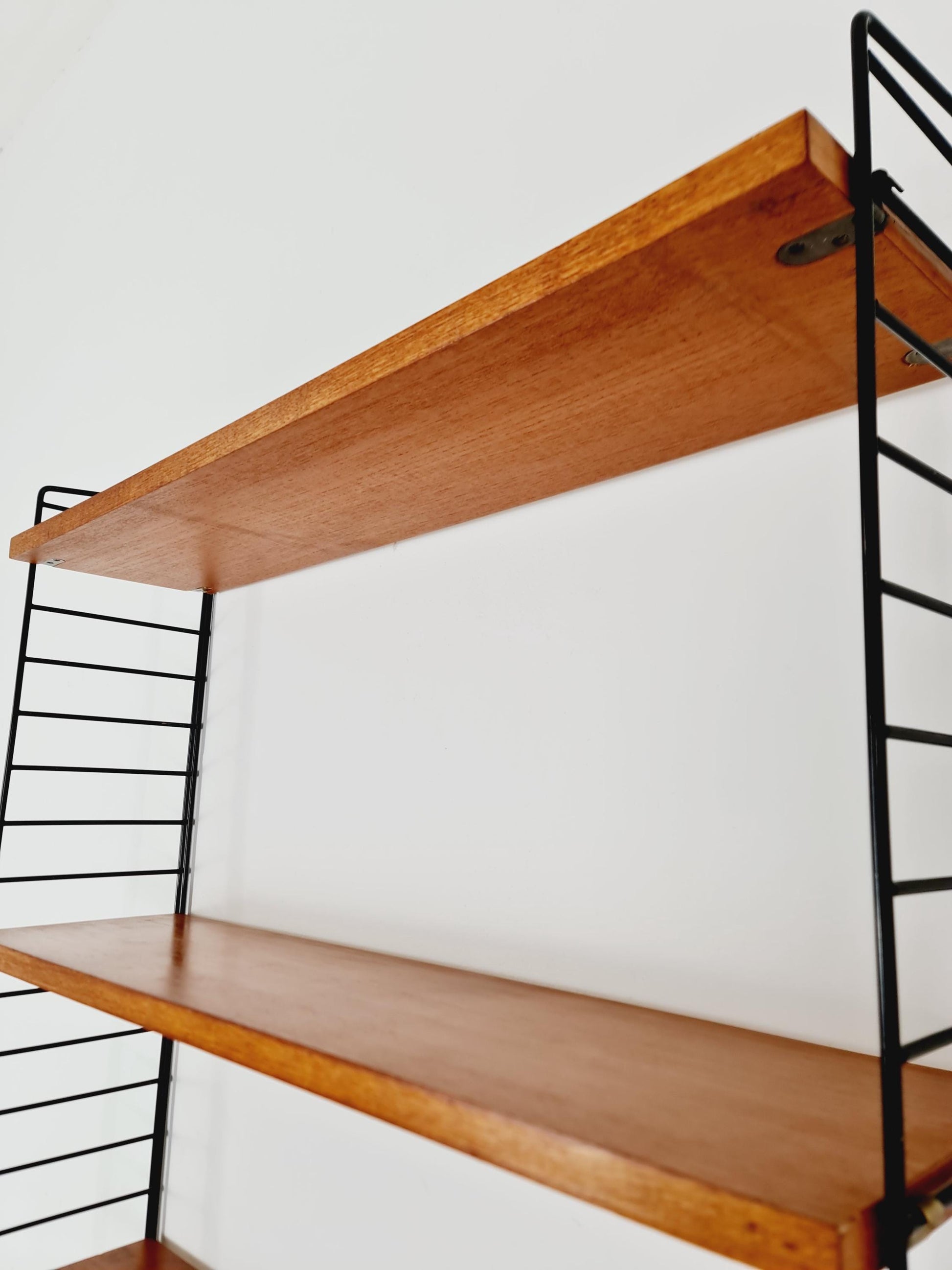 Wall-mounted original Swedish string shelf-system, drawers, bookcase teak wood by Nils & Kajsa Strinning, 1960s