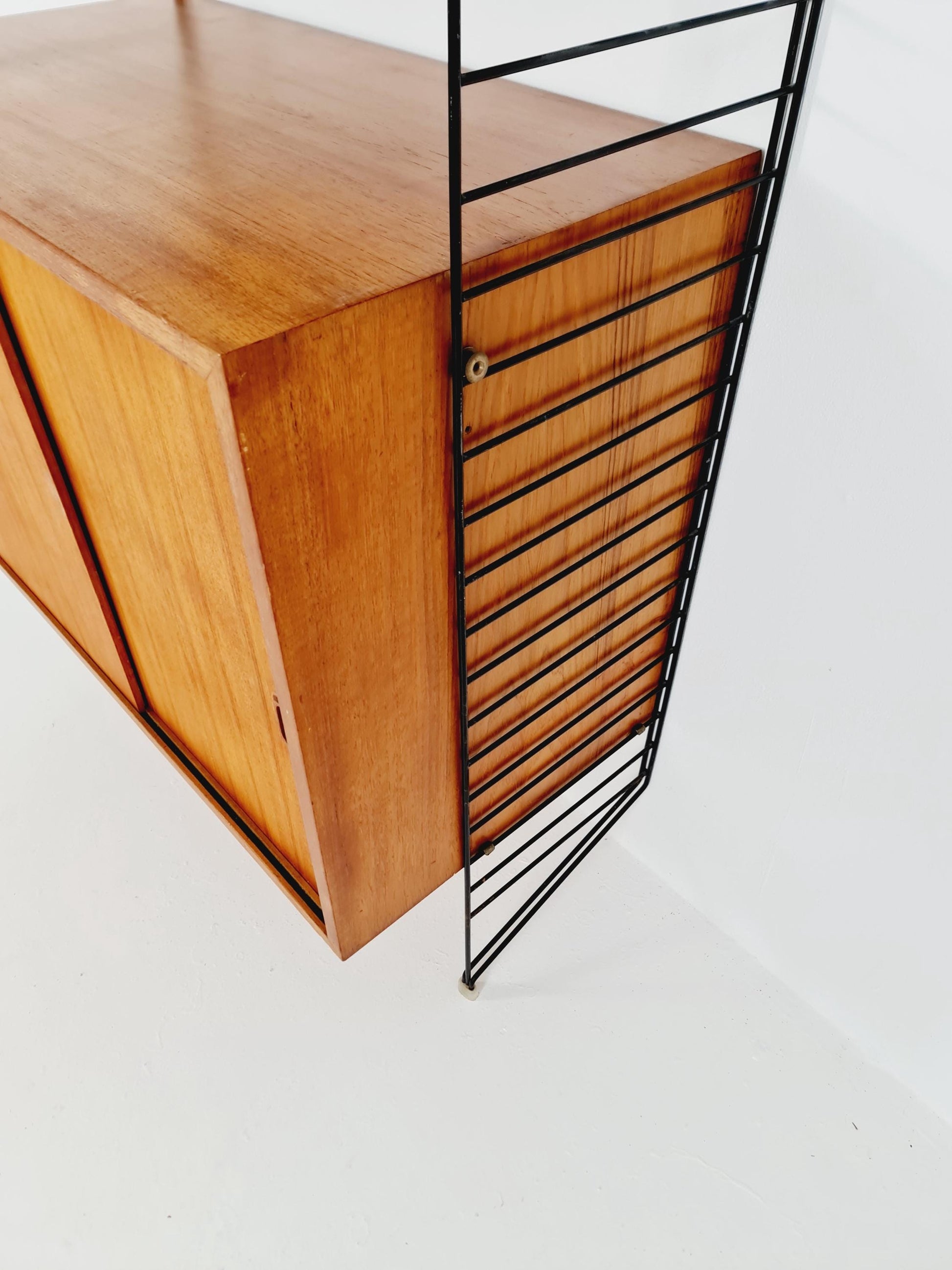 Wall-mounted original Swedish string shelf-system, drawers, bookcase teak wood by Nils & Kajsa Strinning, 1960s