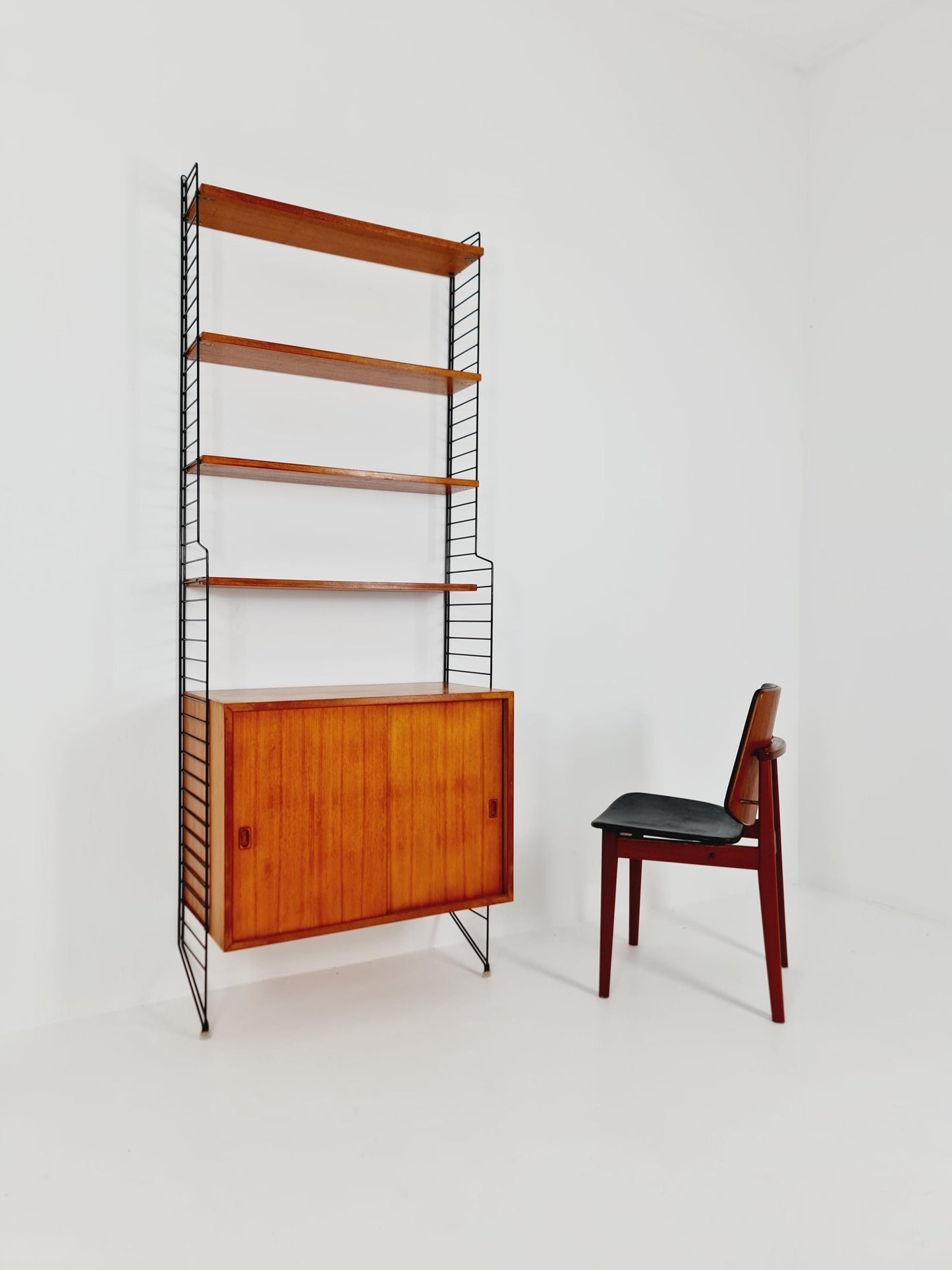 Wall-mounted original Swedish string shelf-system, drawers, bookcase teak wood by Nils & Kajsa Strinning, 1960s