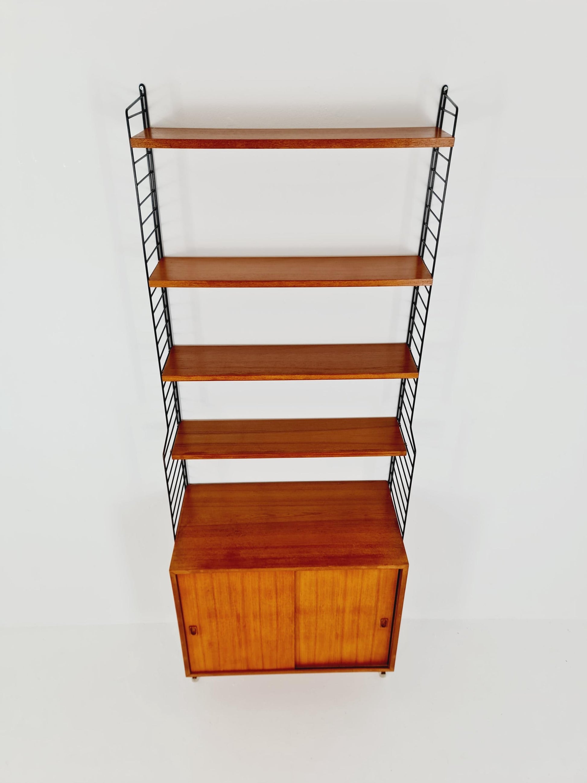 Wall-mounted original Swedish string shelf-system, drawers, bookcase teak wood by Nils & Kajsa Strinning, 1960s