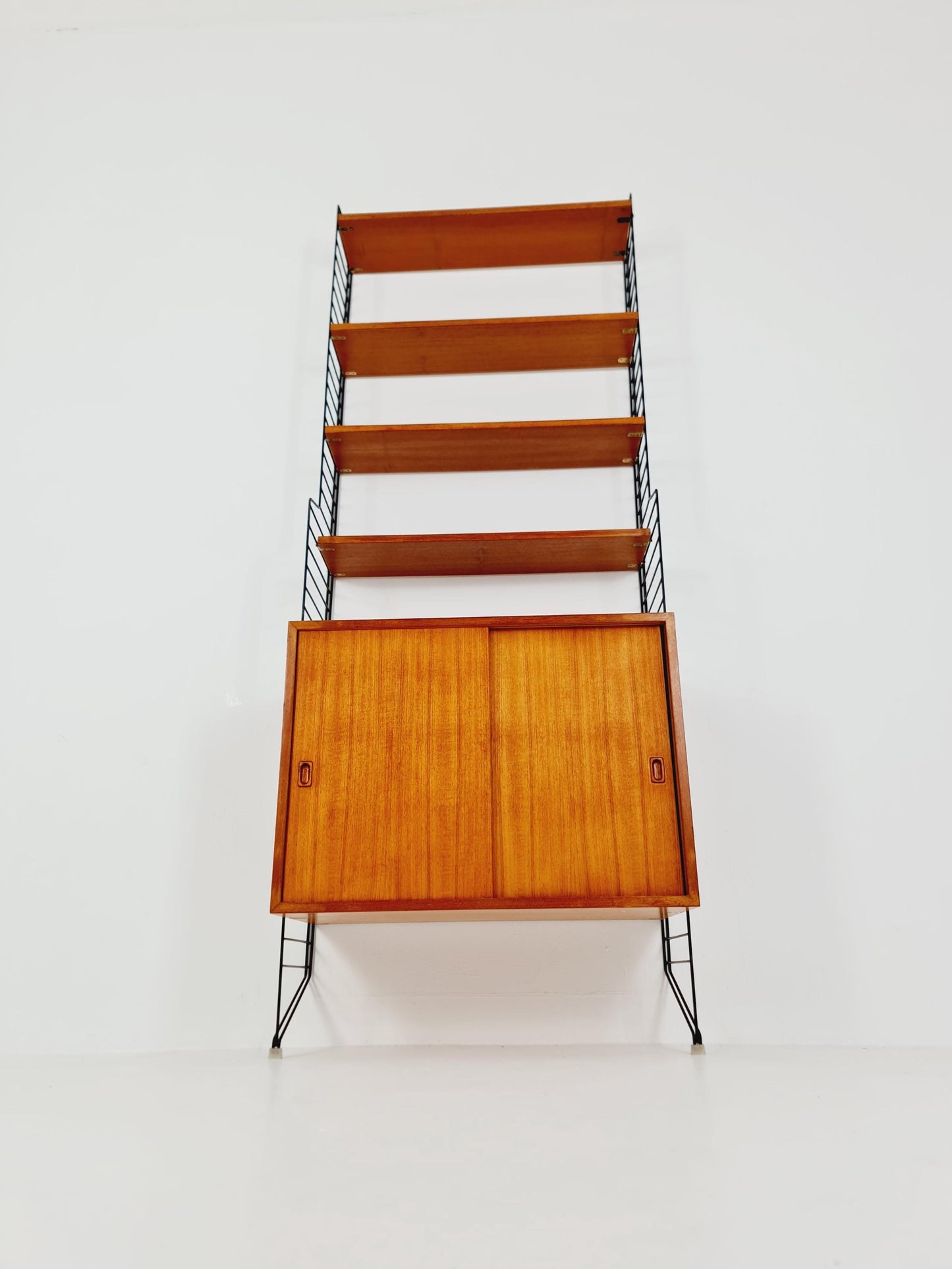 Wall-mounted original Swedish string shelf-system, drawers, bookcase teak wood by Nils & Kajsa Strinning, 1960s