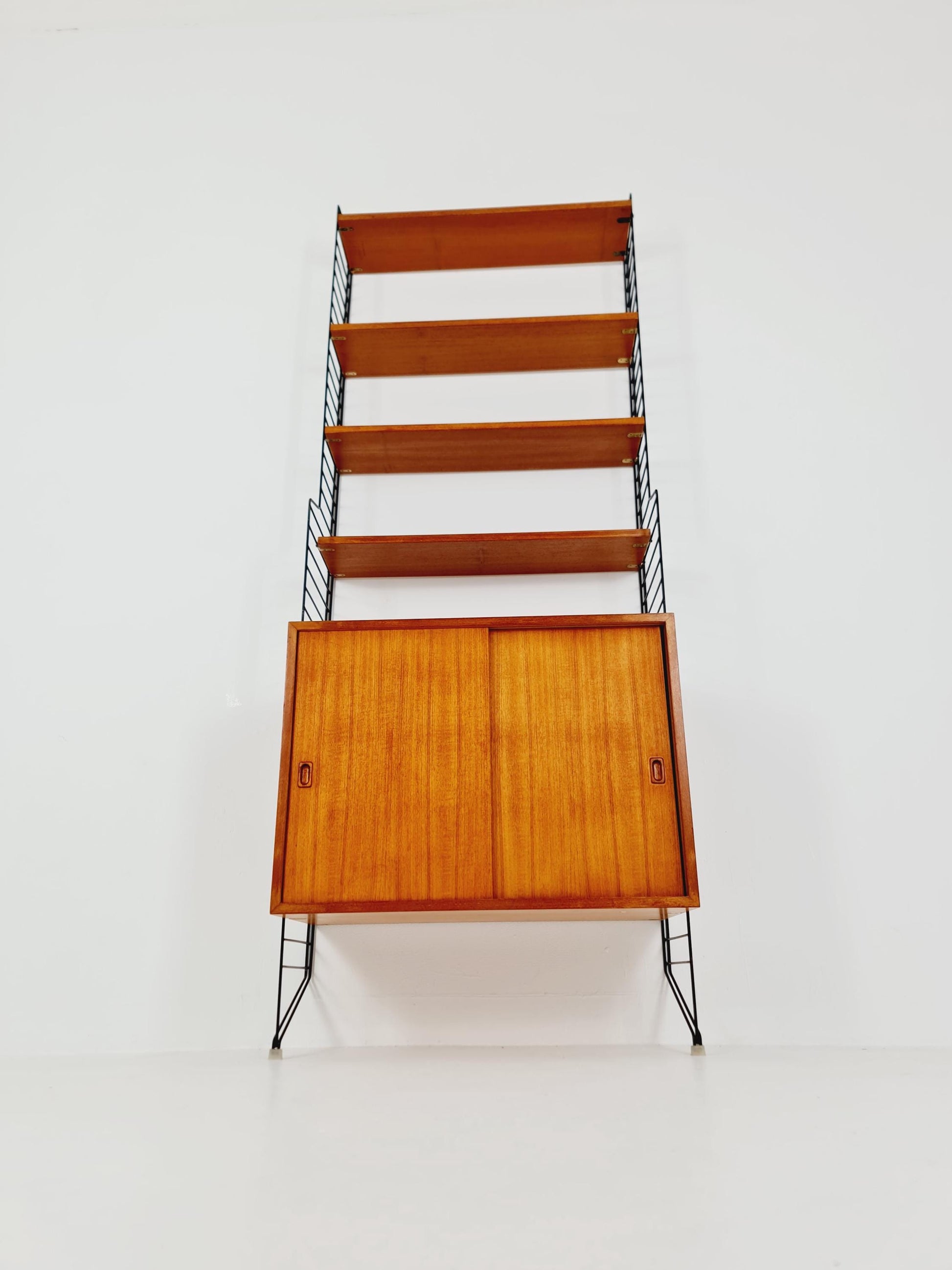 Wall-mounted original Swedish string shelf-system, drawers, bookcase teak wood by Nils & Kajsa Strinning, 1960s