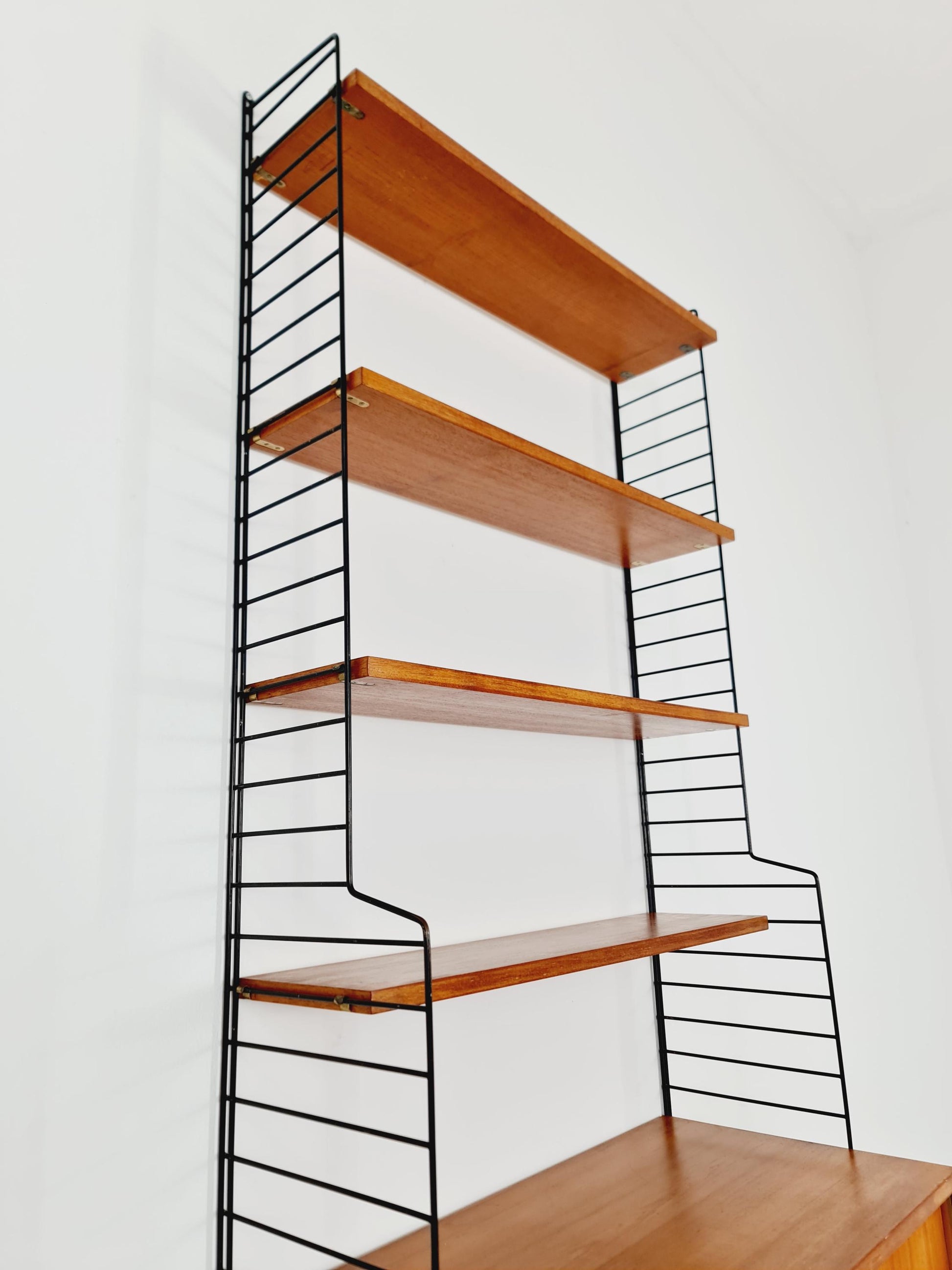 Wall-mounted original Swedish string shelf-system, drawers, bookcase teak wood by Nils & Kajsa Strinning, 1960s