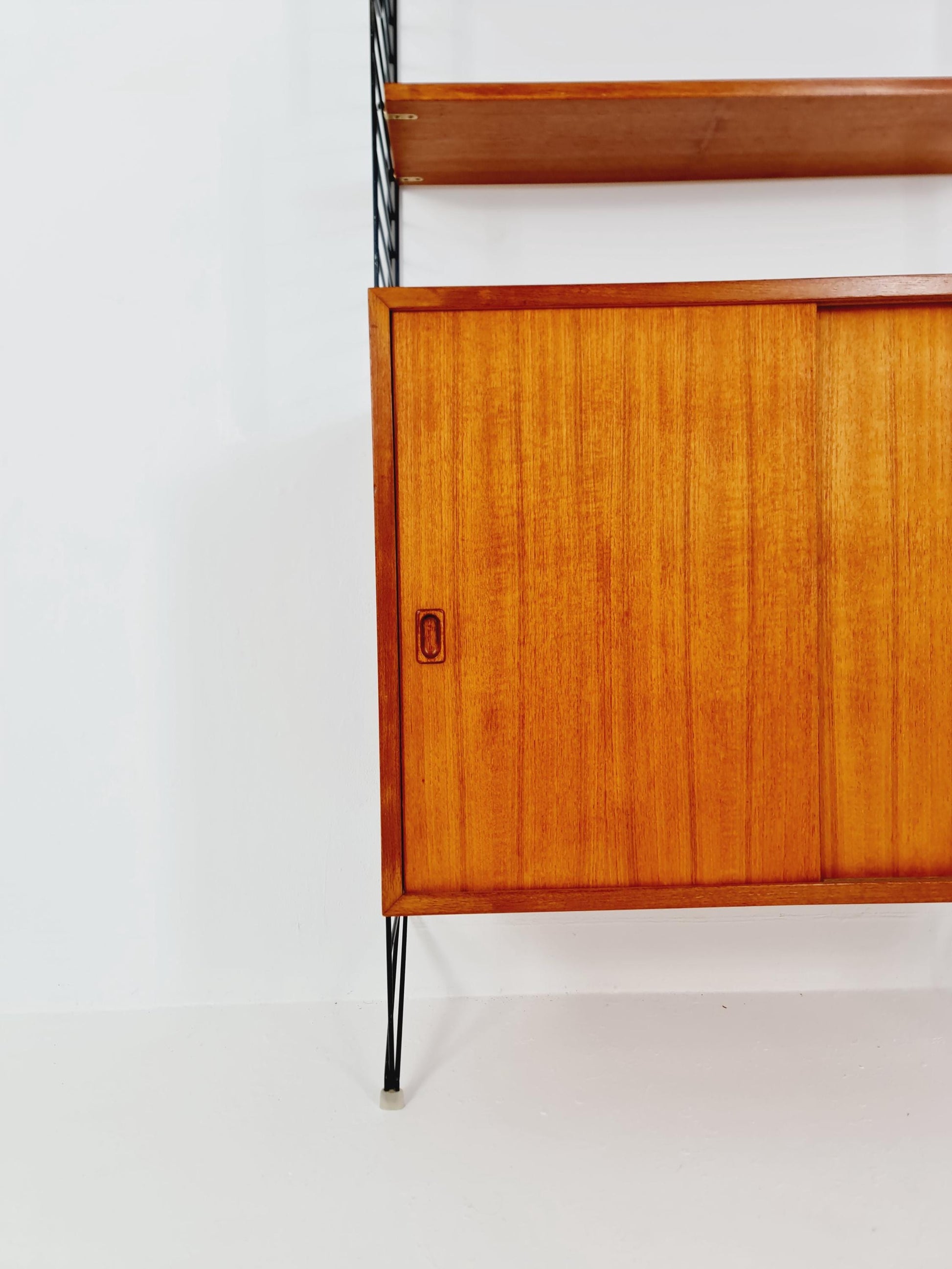 Wall-mounted original Swedish string shelf-system, drawers, bookcase teak wood by Nils & Kajsa Strinning, 1960s