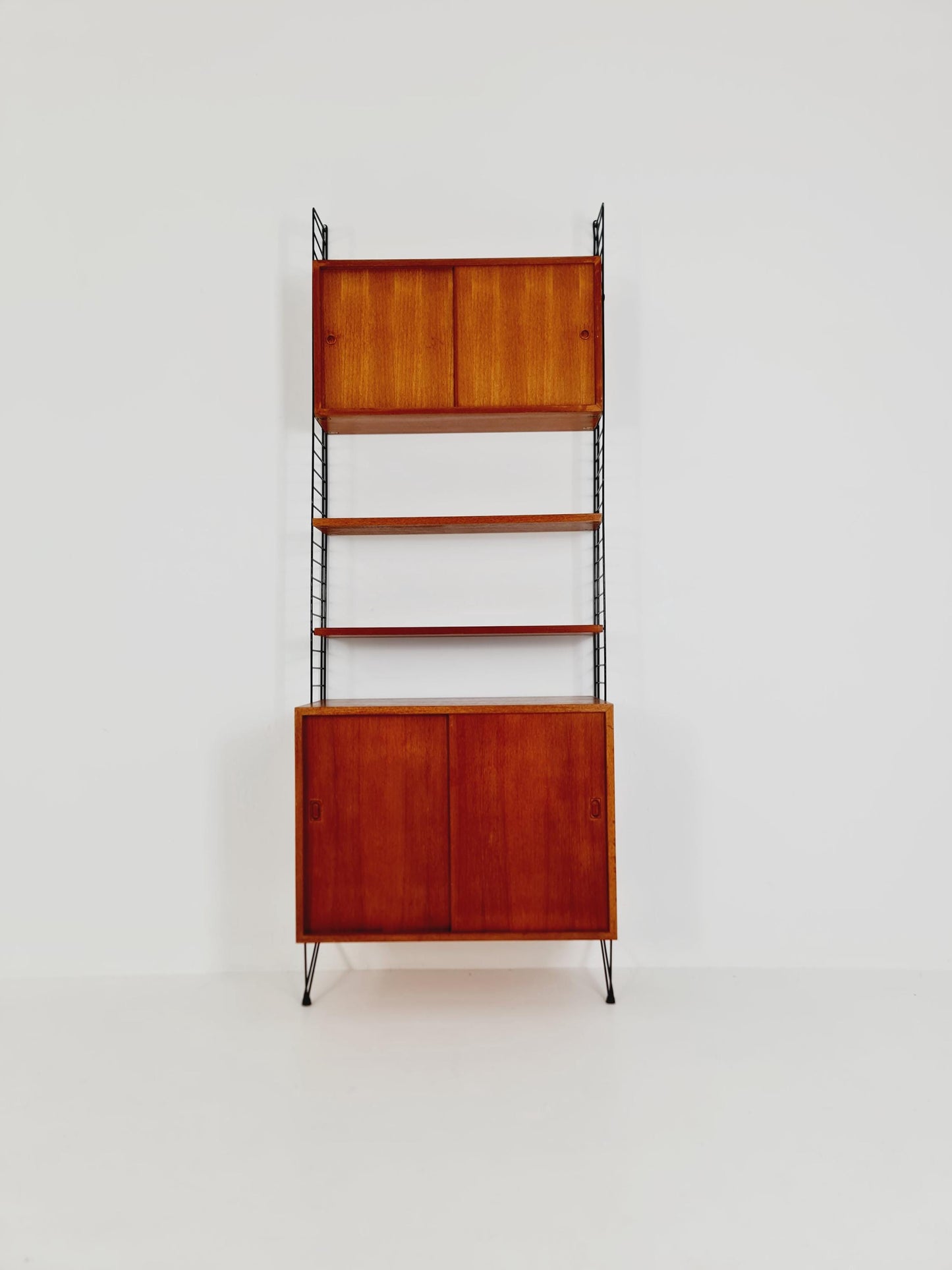 Wall-mounted original Swedish string shelf-system, drawers, bookcase teak wood by Nils & Kajsa Strinning, 1960s