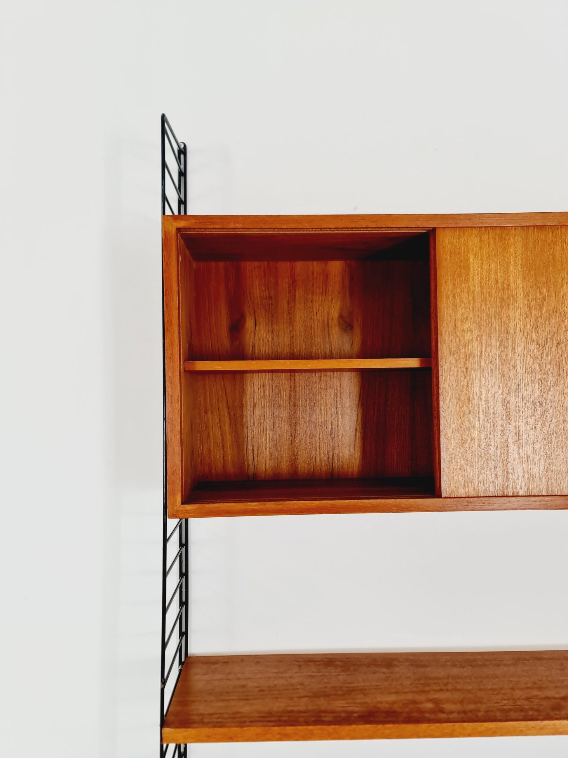 Wall-mounted original Swedish string shelf-system, drawers, bookcase teak wood by Nils & Kajsa Strinning, 1960s