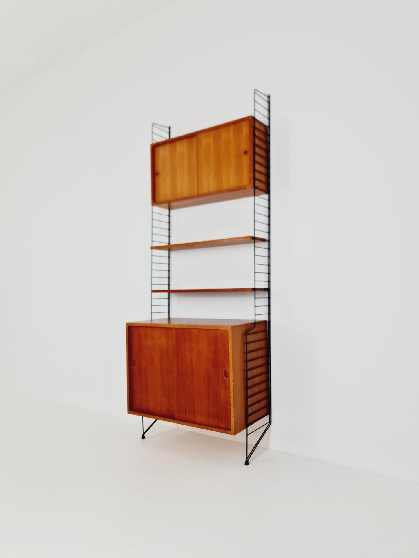 Wall-mounted original Swedish string shelf-system, drawers, bookcase teak wood by Nils & Kajsa Strinning, 1960s