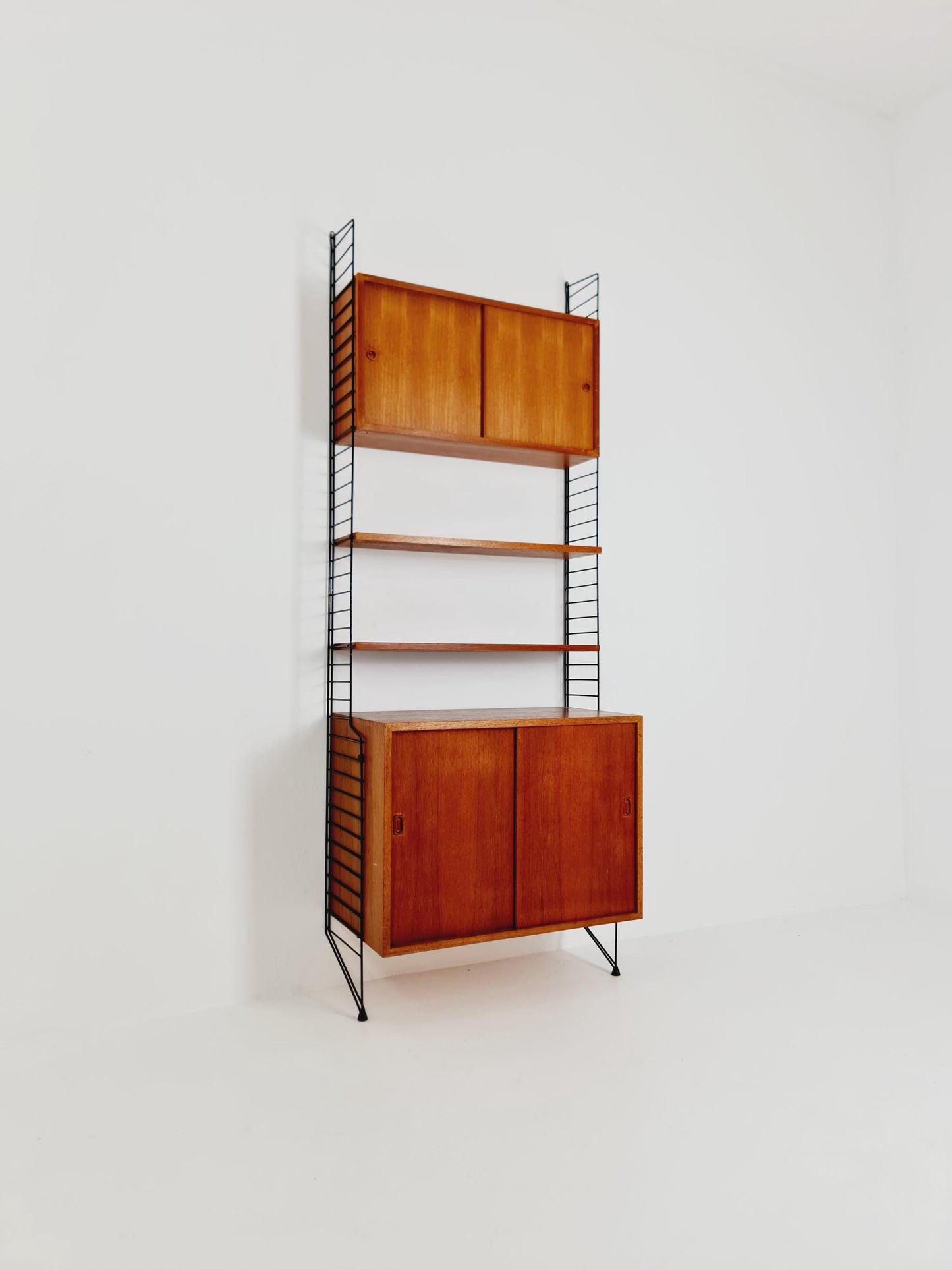 Wall-mounted original Swedish string shelf-system, drawers, bookcase teak wood by Nils & Kajsa Strinning, 1960s