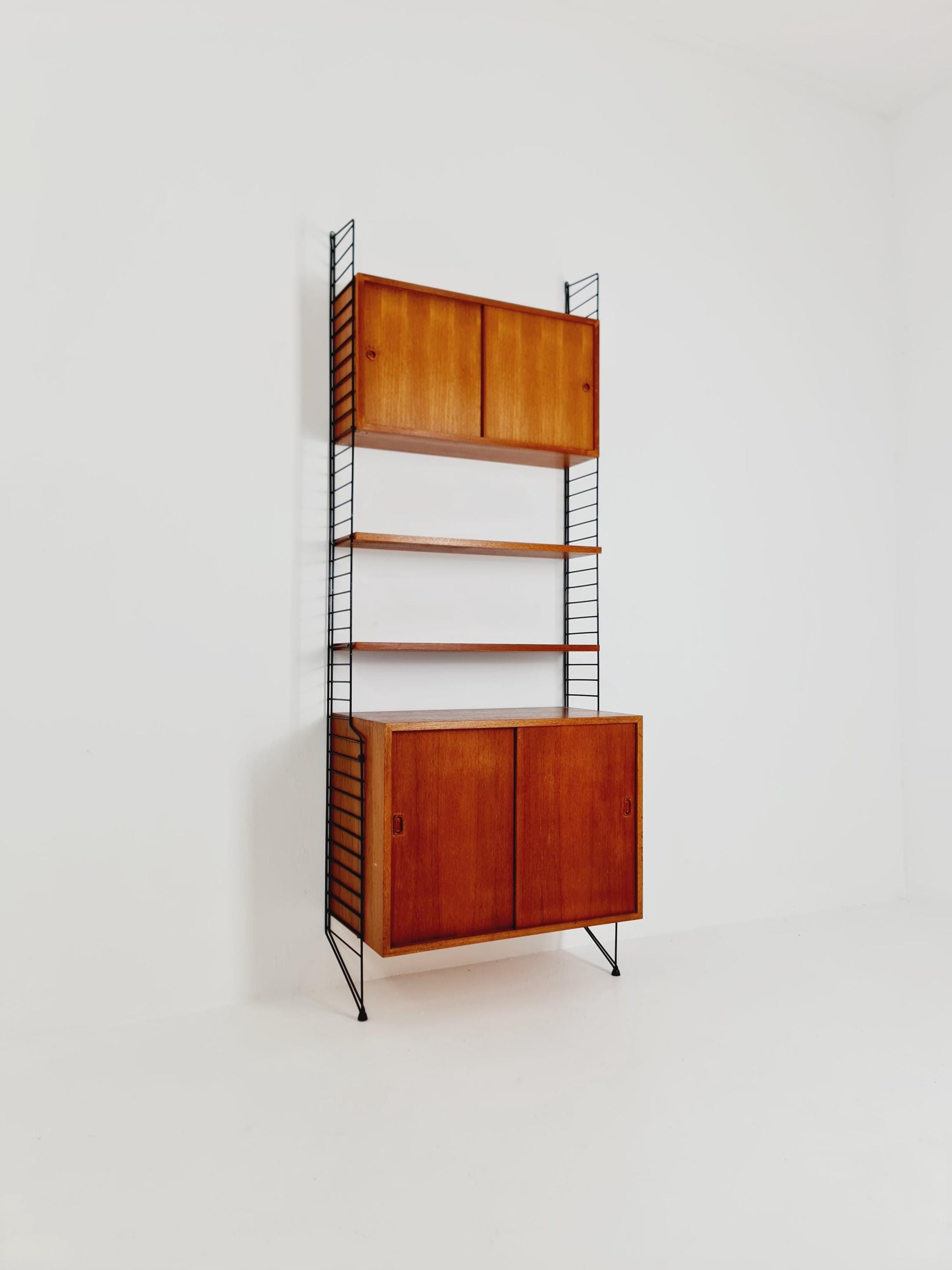 Wall-mounted original Swedish string shelf-system, drawers, bookcase teak wood by Nils & Kajsa Strinning, 1960s