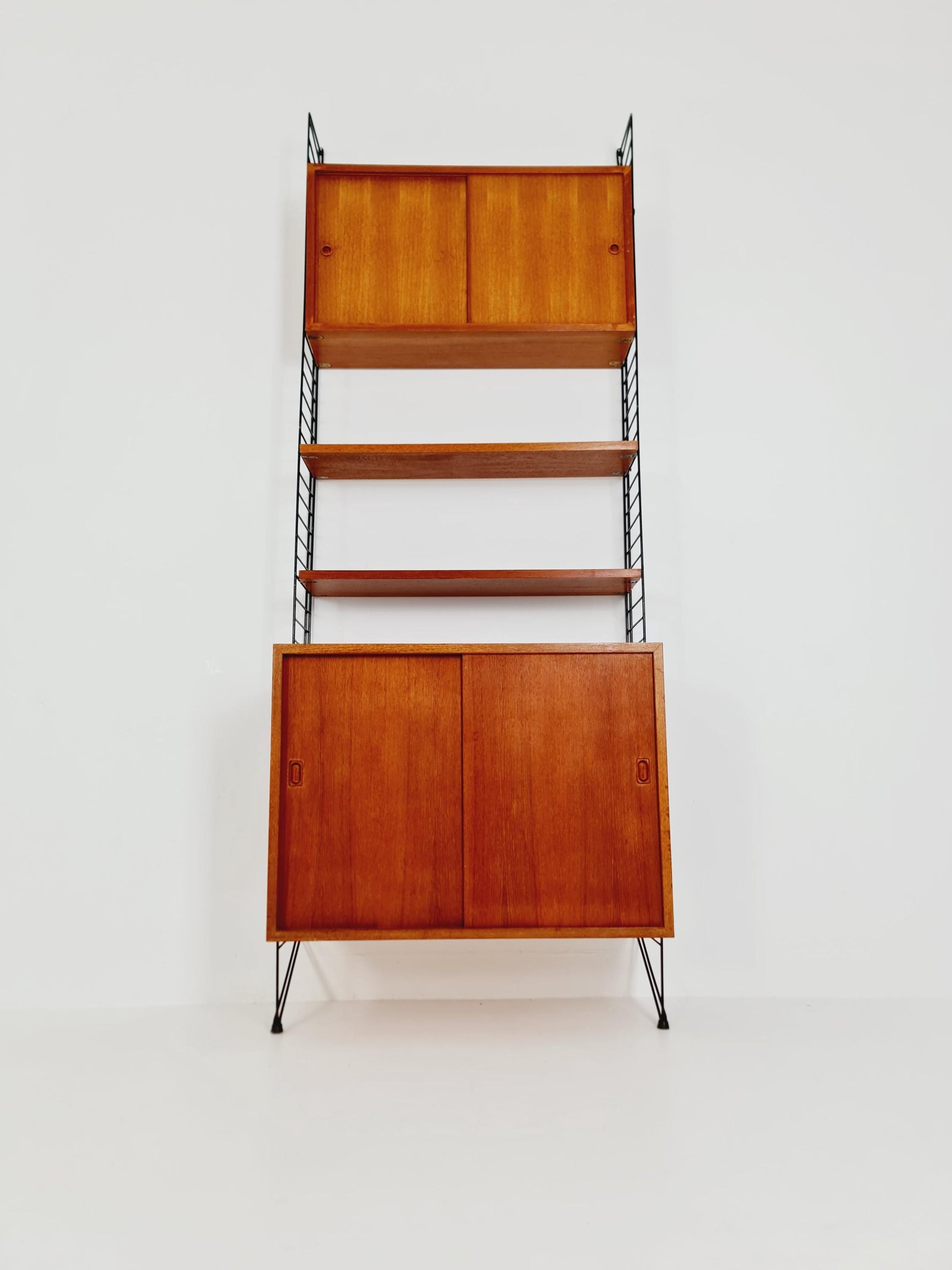 Wall-mounted original Swedish string shelf-system, drawers, bookcase teak wood by Nils & Kajsa Strinning, 1960s