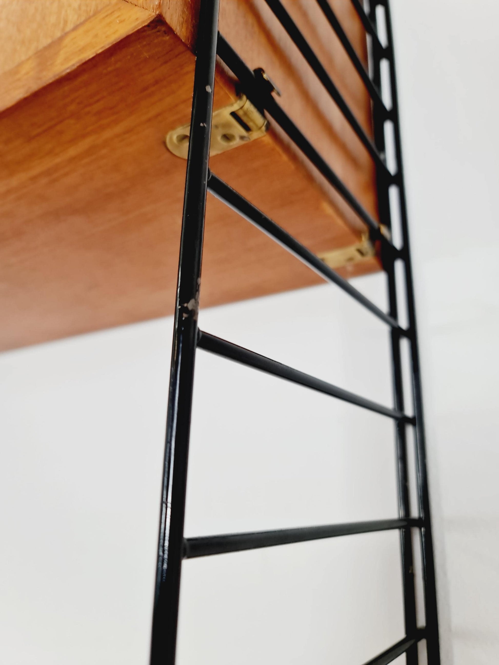 Wall-mounted original Swedish string shelf-system, drawers, bookcase teak wood by Nils & Kajsa Strinning, 1960s