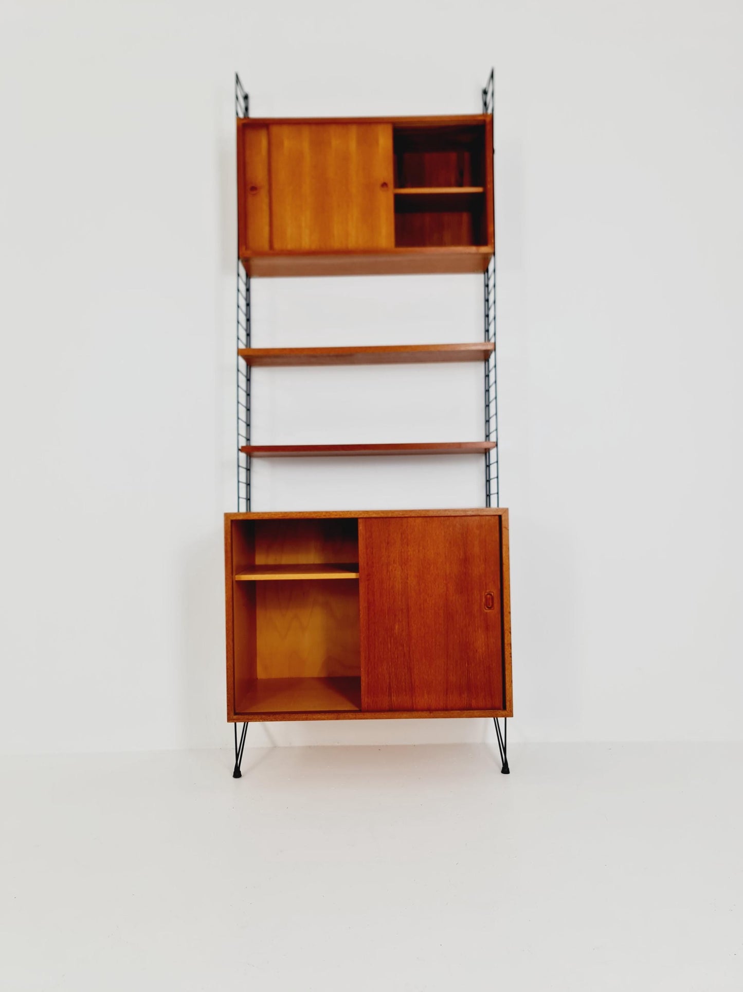 Wall-mounted original Swedish string shelf-system, drawers, bookcase teak wood by Nils & Kajsa Strinning, 1960s
