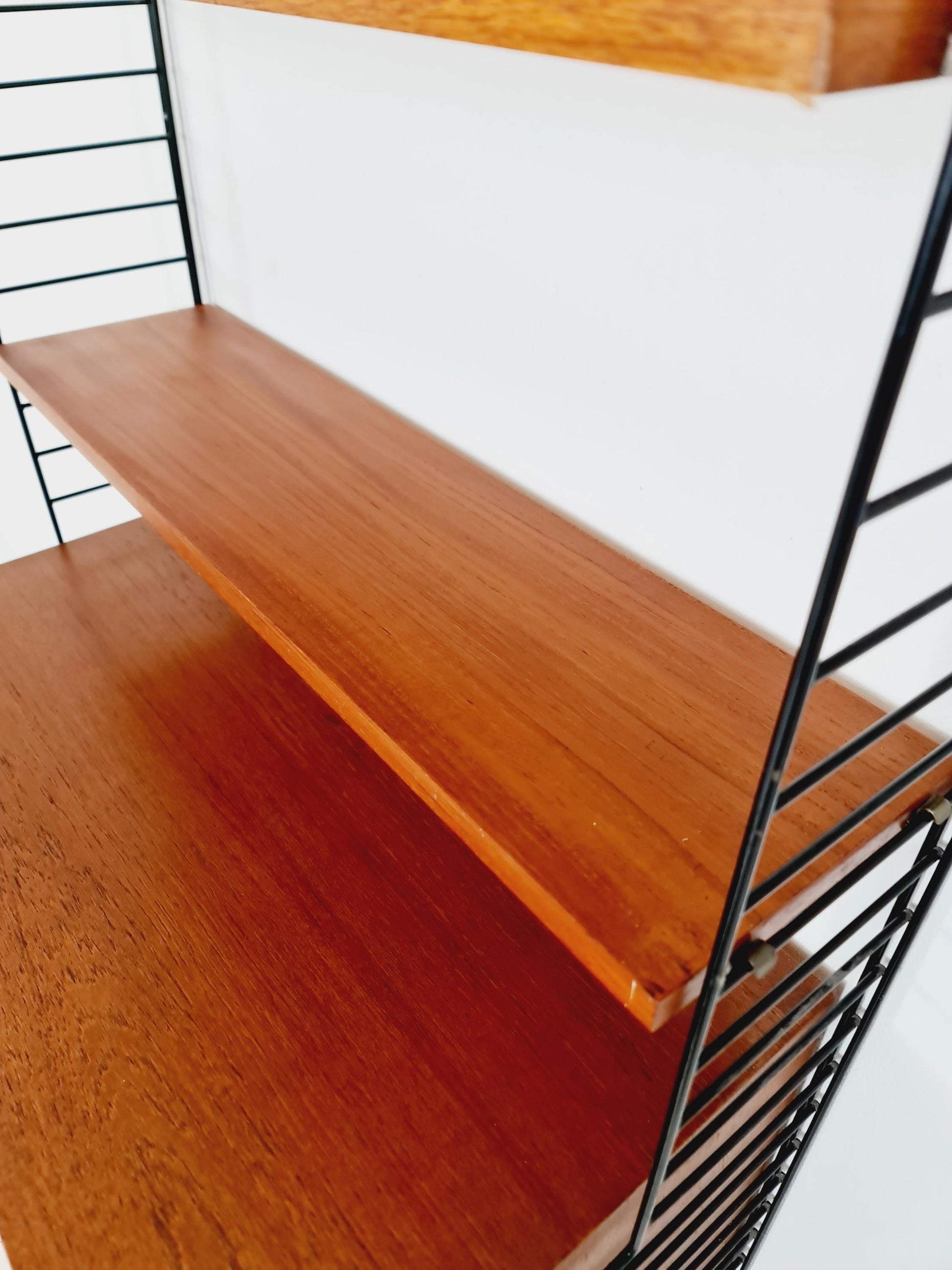 Wall-mounted original Swedish string shelf-system, drawers, bookcase teak wood by Nils & Kajsa Strinning, 1960s