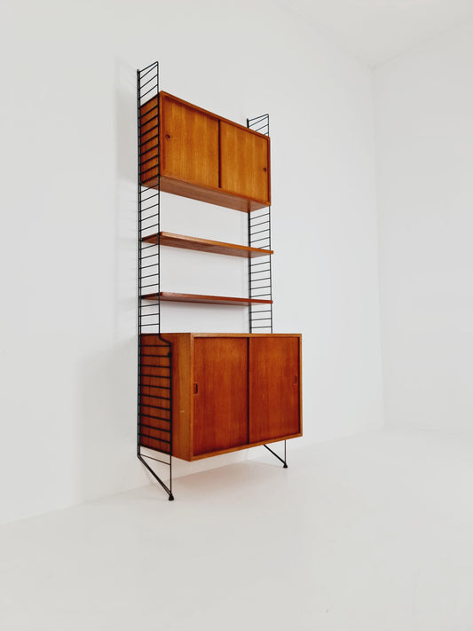 Wall-mounted original Swedish string shelf-system, drawers, bookcase teak wood by Nils & Kajsa Strinning, 1960s