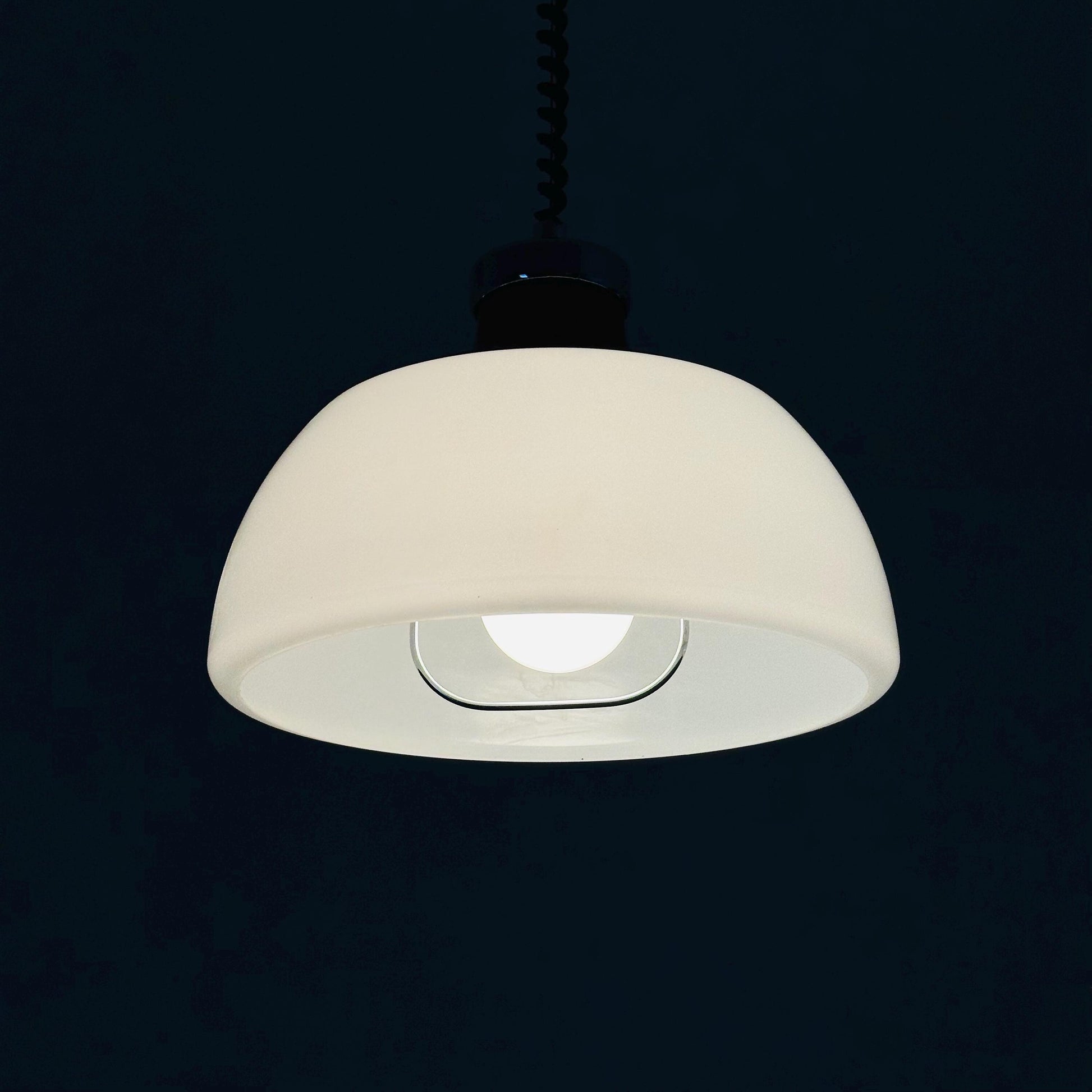 Mid Century Plexiglass Space Age Pendant Lamp with White Acrylic Shade and orange top 1970s