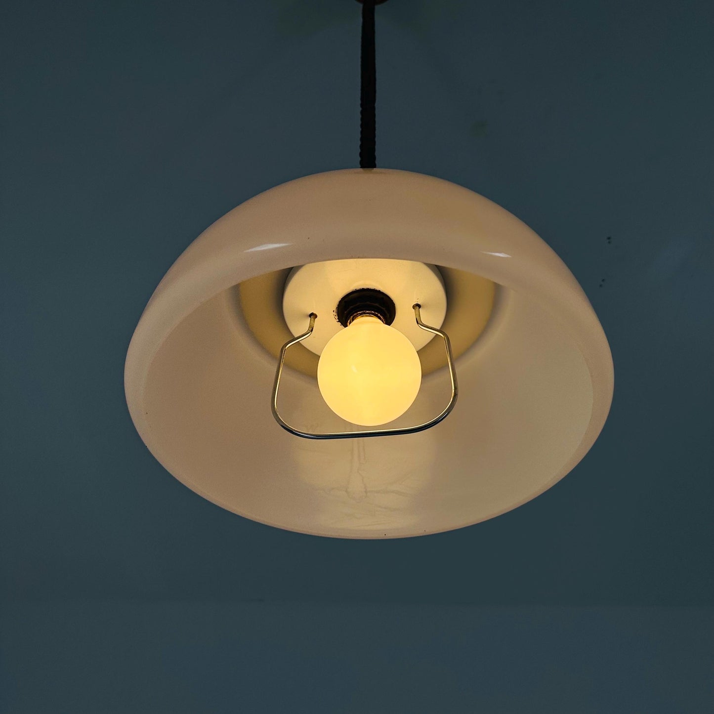 Mid Century Plexiglass Space Age Pendant Lamp with White Acrylic Shade and orange top 1970s