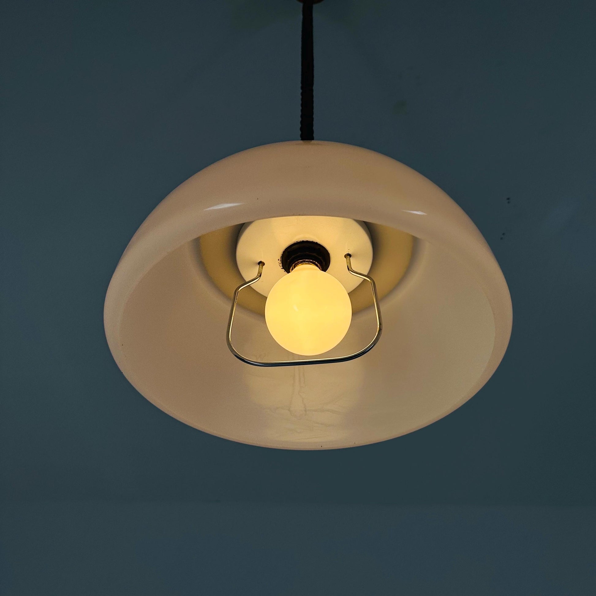 Mid Century Plexiglass Space Age Pendant Lamp with White Acrylic Shade and orange top 1970s