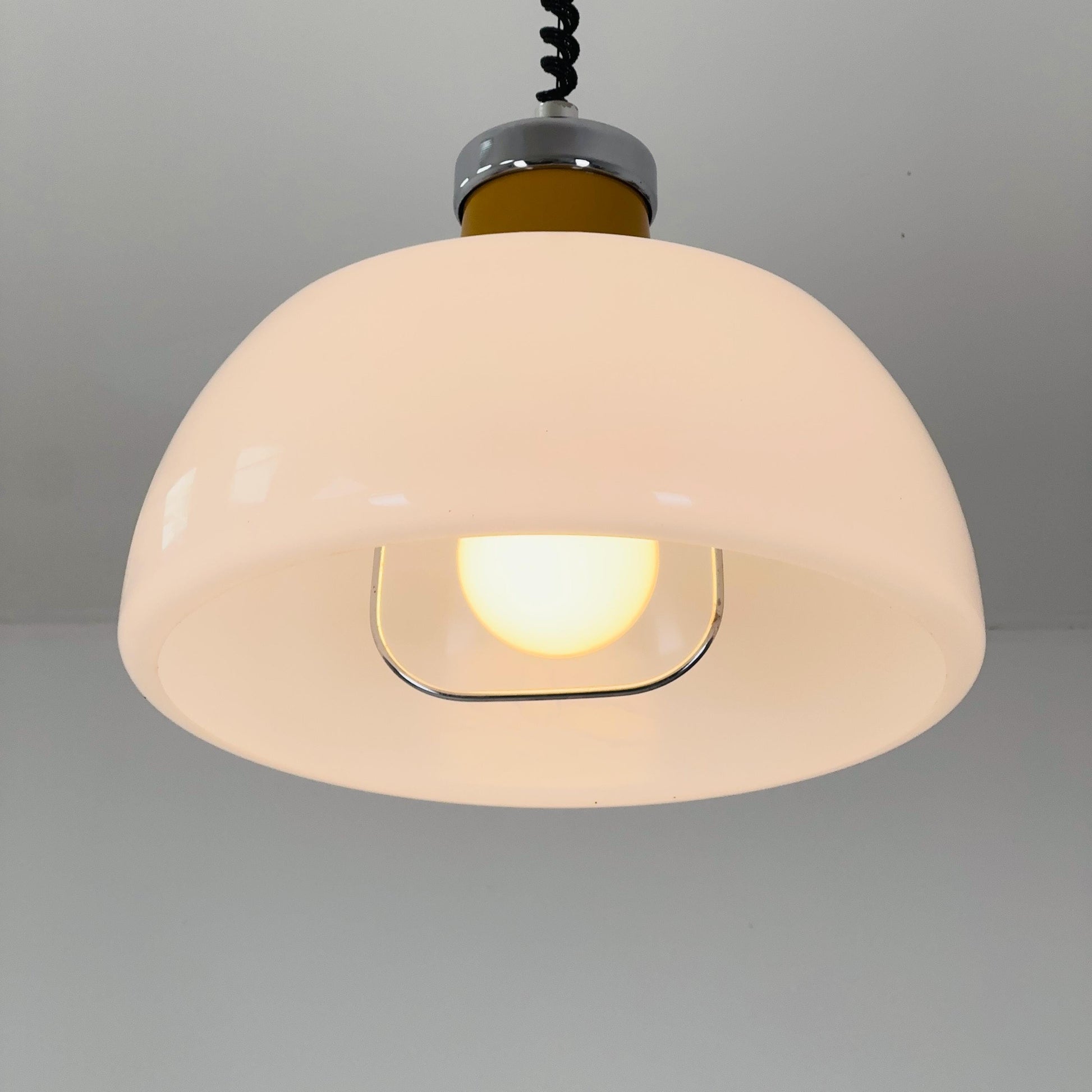 Mid Century Plexiglass Space Age Pendant Lamp with White Acrylic Shade and orange top 1970s