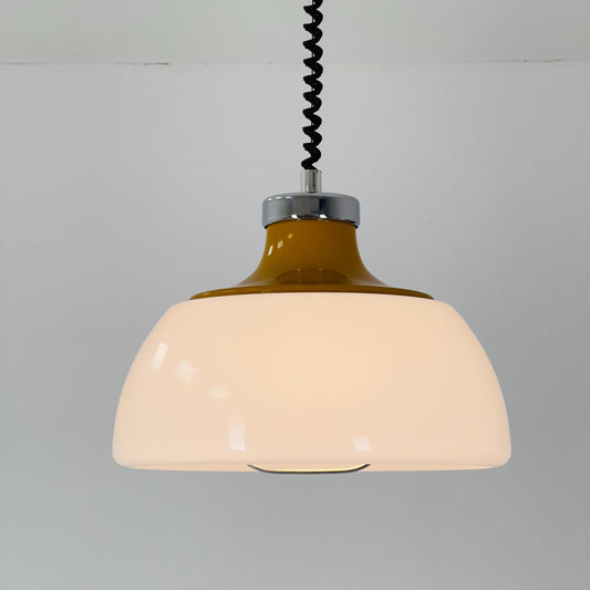 Mid Century Plexiglass Space Age Pendant Lamp with White Acrylic Shade and orange top 1970s