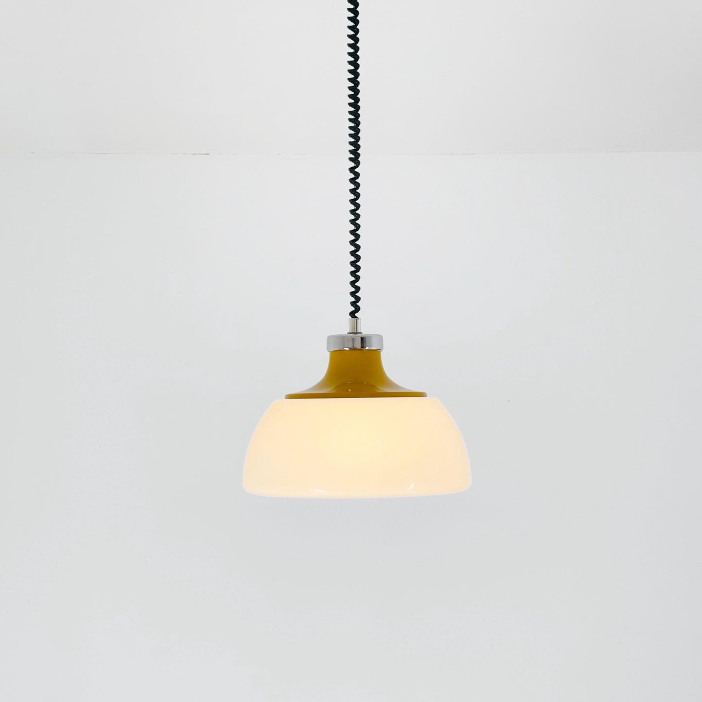 Mid Century Plexiglass Space Age Pendant Lamp with White Acrylic Shade and orange top 1970s